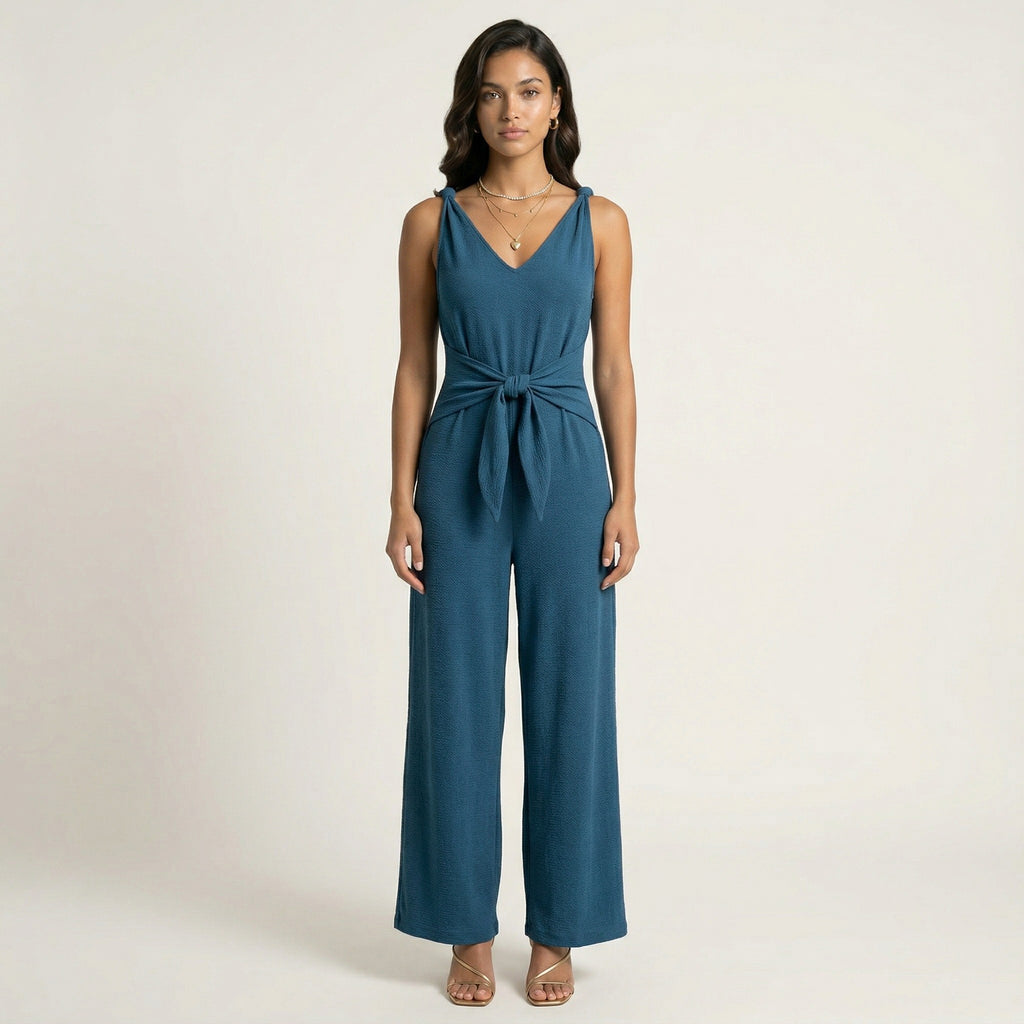 Anna-Kaci Women's Sleeveless Wide Leg Jumpsuit with V Neck Tie Waist Relaxed Fit Flowy Silhouette