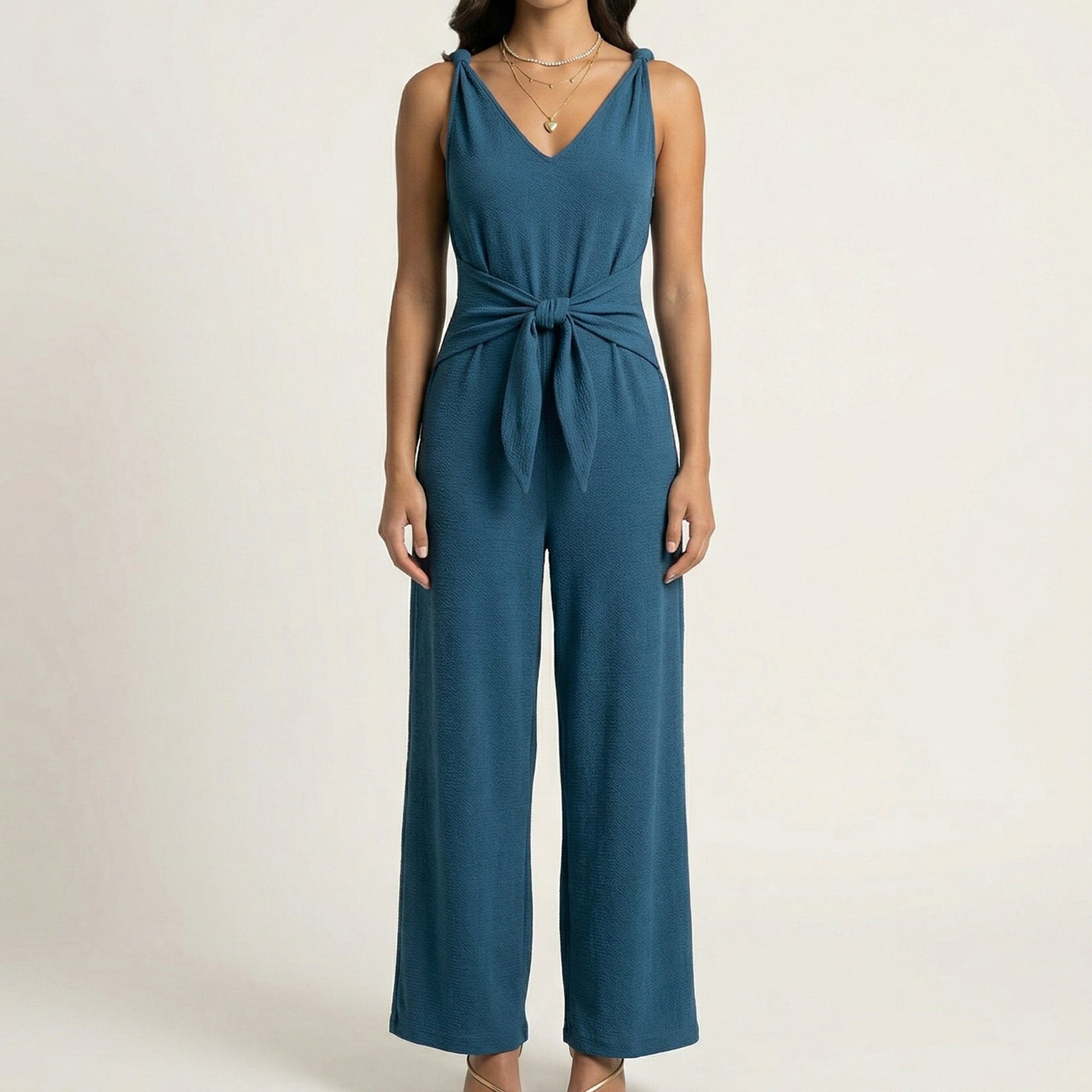 Anna-Kaci Women's Sleeveless Wide Leg Jumpsuit with V Neck Tie Waist Relaxed Fit Flowy Silhouette