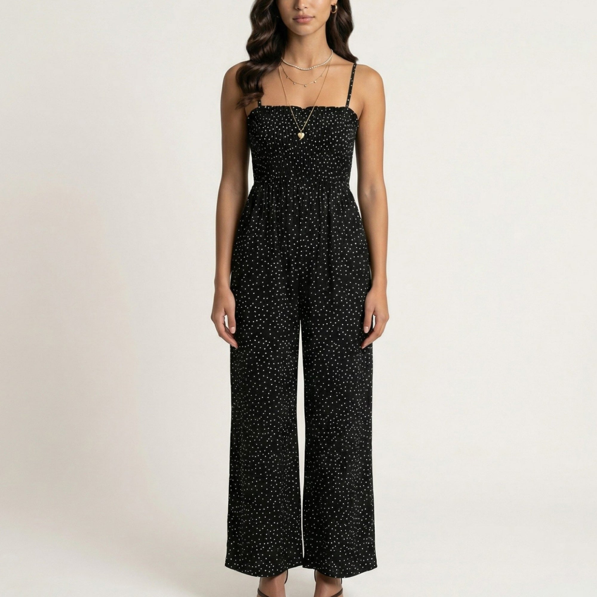 Anna-Kaci Sleeveless Polka Dot Wide Leg Jumpsuit with Spaghetti Straps Smocked Bodice Relaxed Fit