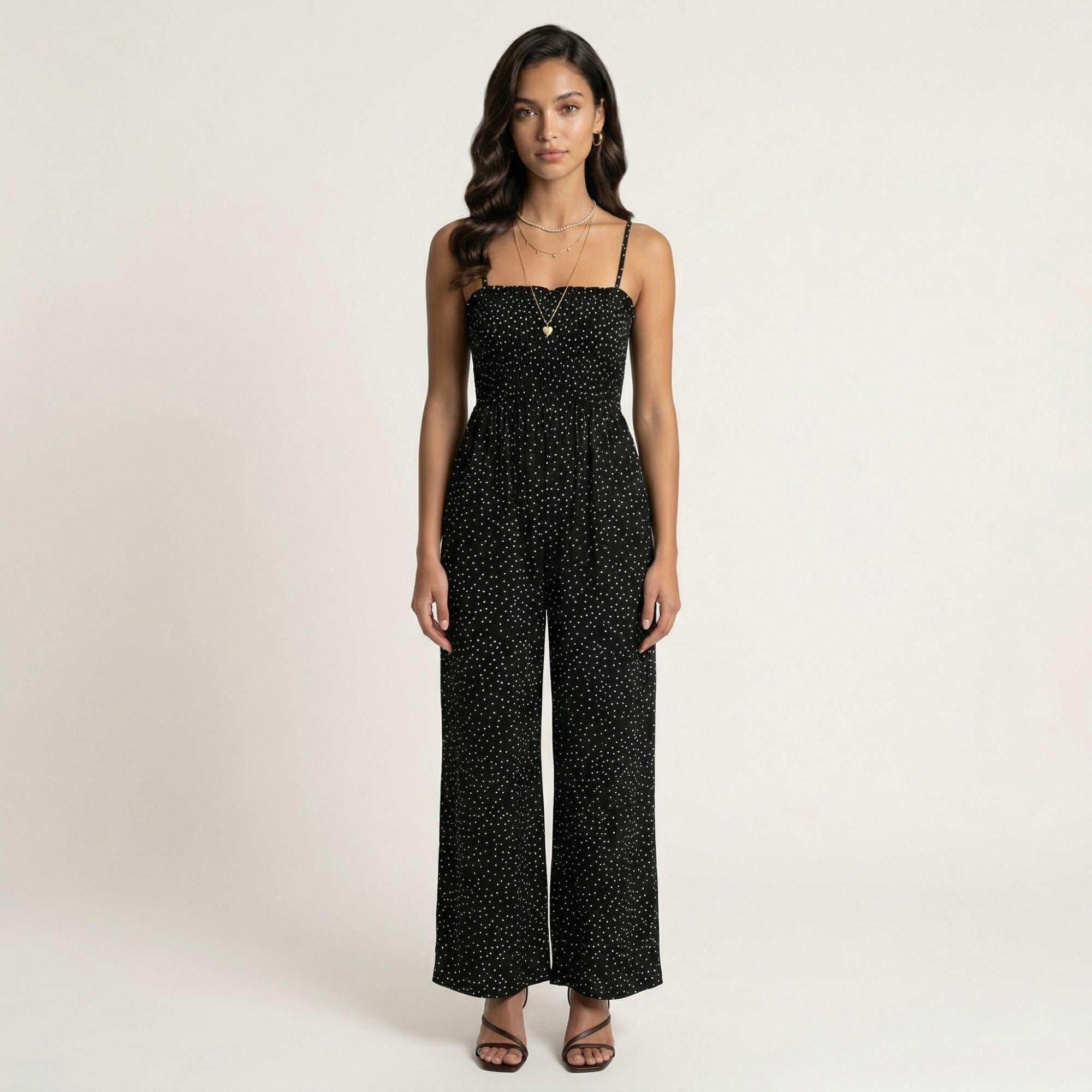 Anna-Kaci Sleeveless Polka Dot Wide Leg Jumpsuit with Spaghetti Straps Smocked Bodice Relaxed Fit