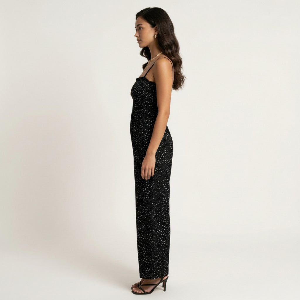 Anna-Kaci Sleeveless Polka Dot Wide Leg Jumpsuit with Spaghetti Straps Smocked Bodice Relaxed Fit