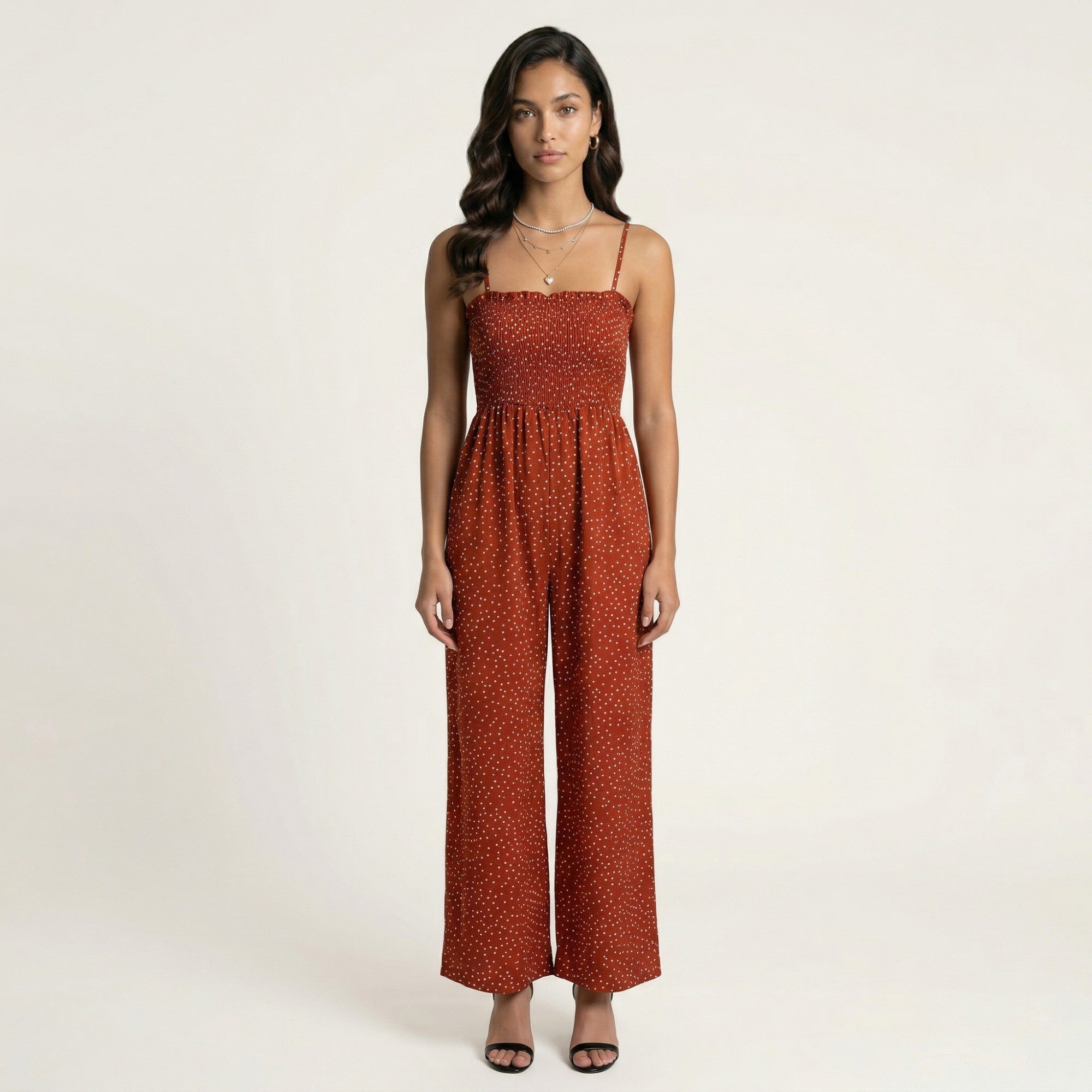 Anna-Kaci Sleeveless Polka Dot Wide Leg Jumpsuit with Spaghetti Straps Smocked Bodice Relaxed Fit