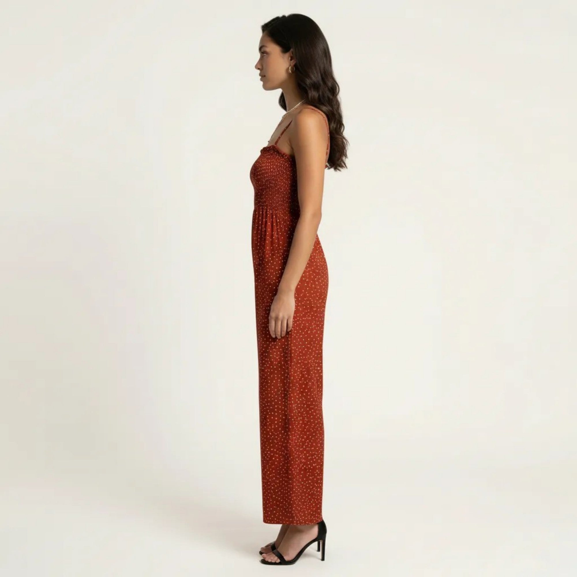 Anna-Kaci Sleeveless Polka Dot Wide Leg Jumpsuit with Spaghetti Straps Smocked Bodice Relaxed Fit