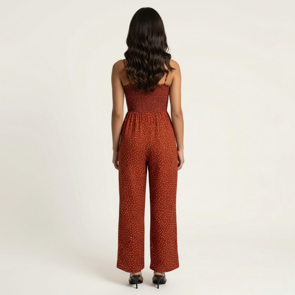 Anna-Kaci Sleeveless Polka Dot Wide Leg Jumpsuit with Spaghetti Straps Smocked Bodice Relaxed Fit