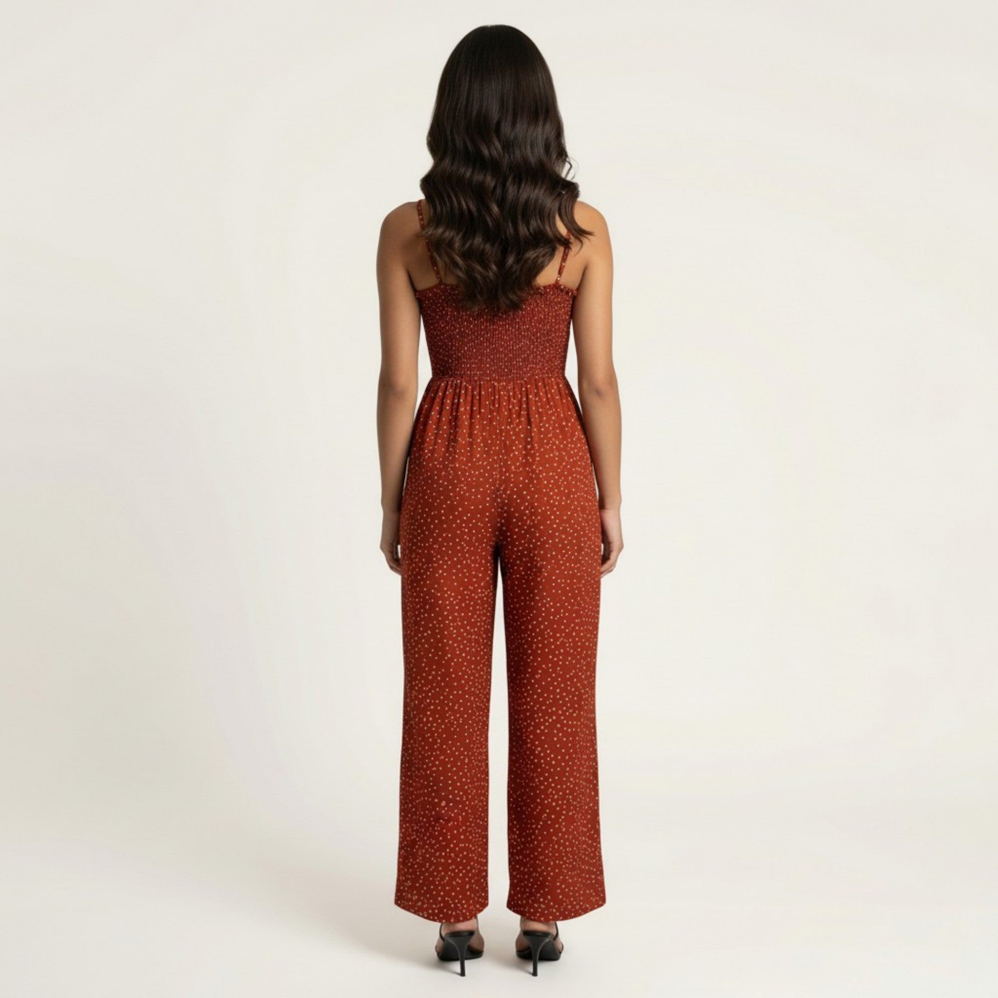 Anna-Kaci Sleeveless Polka Dot Wide Leg Jumpsuit with Spaghetti Straps Smocked Bodice Relaxed Fit