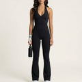 Anna-Kaci Sleeveless Active Jumpsuit with Wide Straps Deep V Neck Flare Leg Contour Fit One Piece
