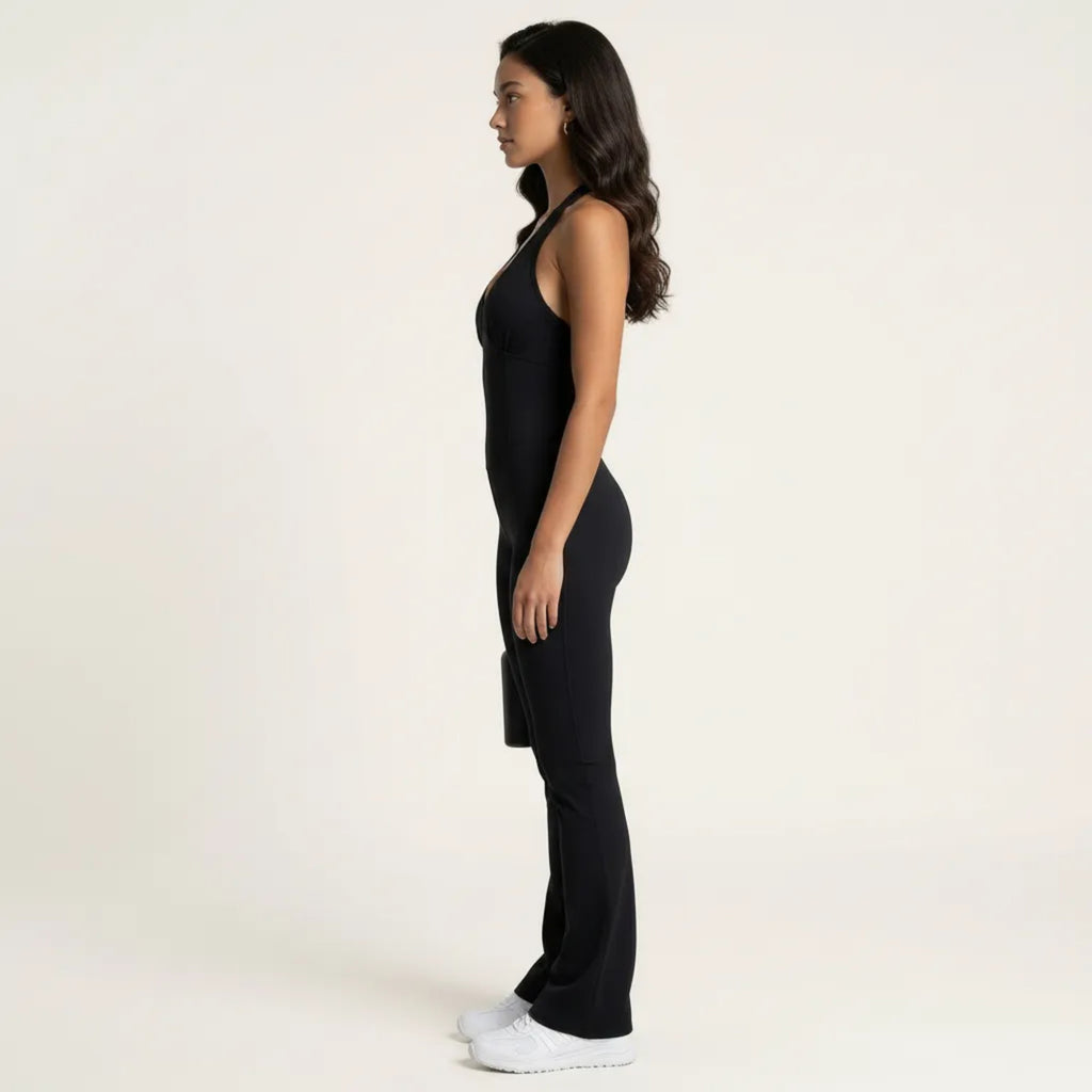 Anna-Kaci Sleeveless Active Jumpsuit with Wide Straps Deep V Neck Flare Leg Contour Fit One Piece