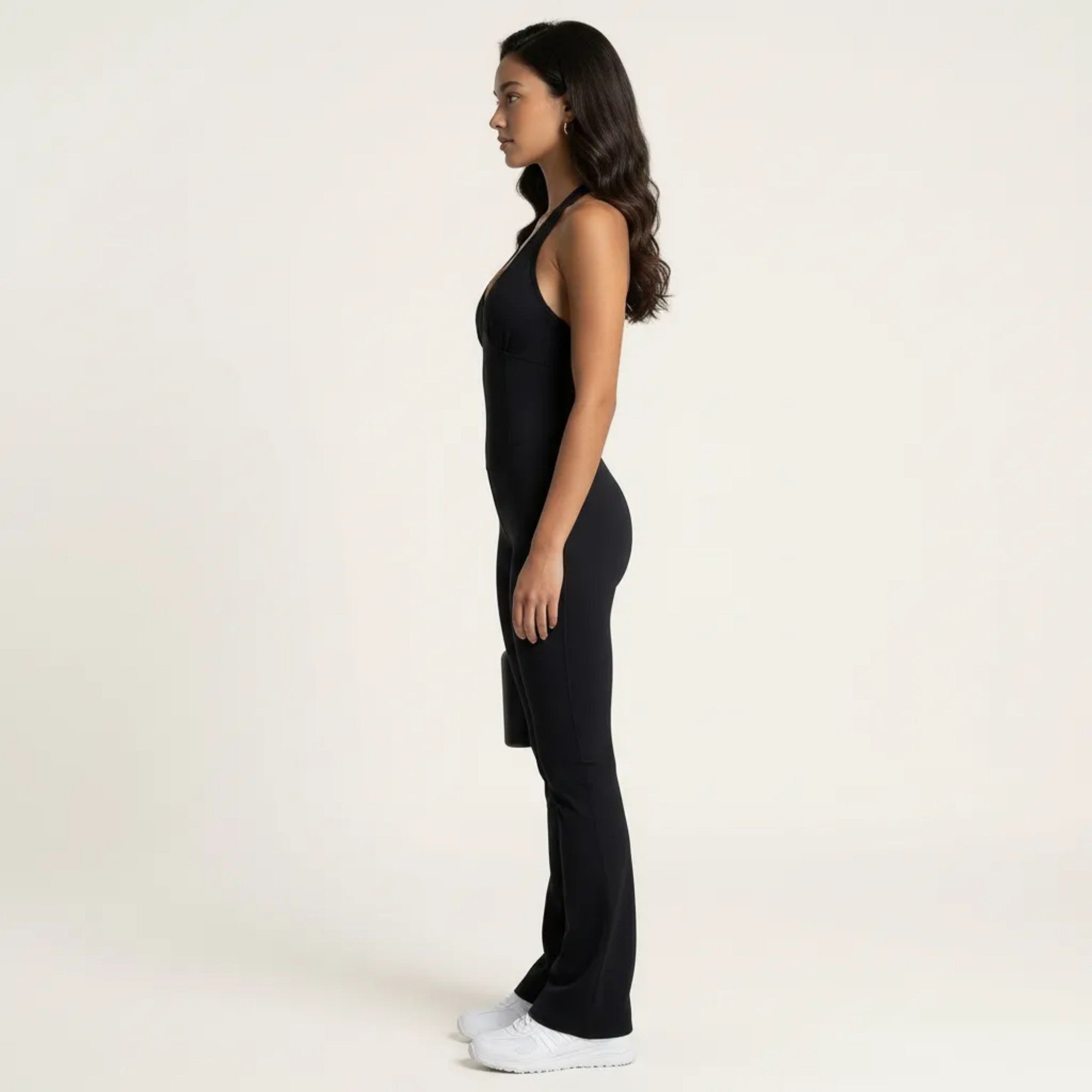 Anna-Kaci Sleeveless Active Jumpsuit with Wide Straps Deep V Neck Flare Leg Contour Fit One Piece