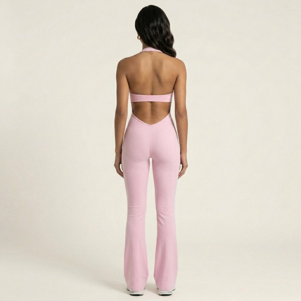 Anna-Kaci Sleeveless Active Jumpsuit with Wide Straps Deep V Neck Flare Leg Contour Fit One Piece
