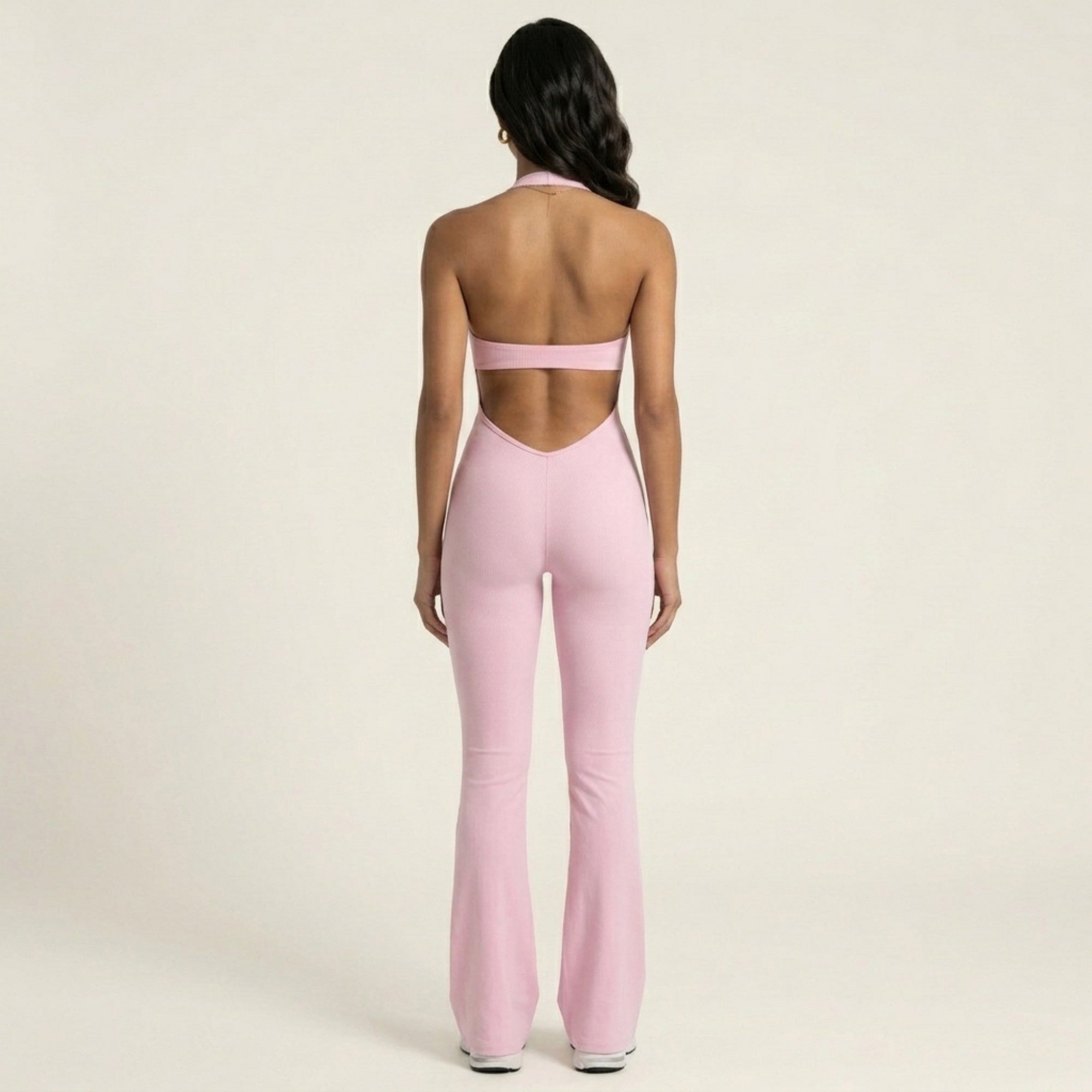 Anna-Kaci Sleeveless Active Jumpsuit with Wide Straps Deep V Neck Flare Leg Contour Fit One Piece