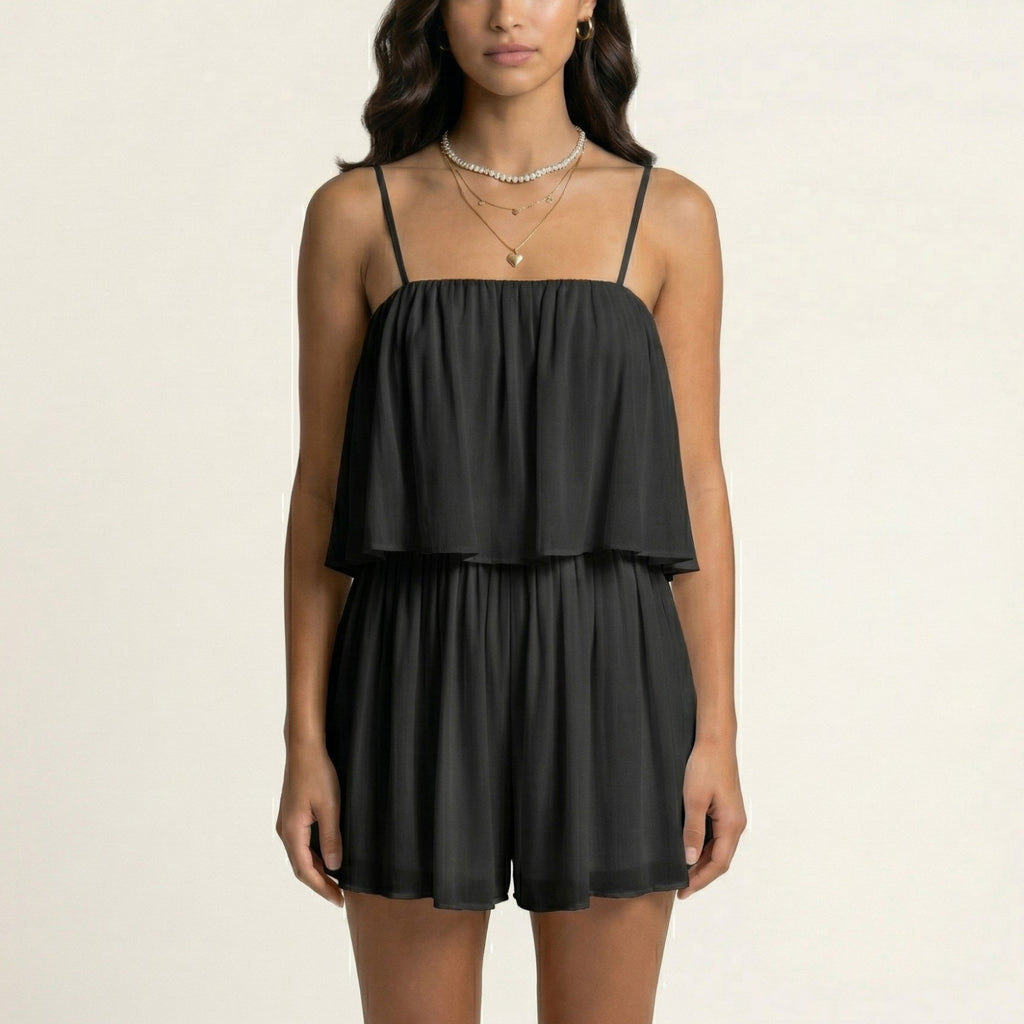 Anna-Kaci Sleeveless Layered Chiffon Romper with Spaghetti Straps Flowy Ruffle Overlay Relaxed Fit