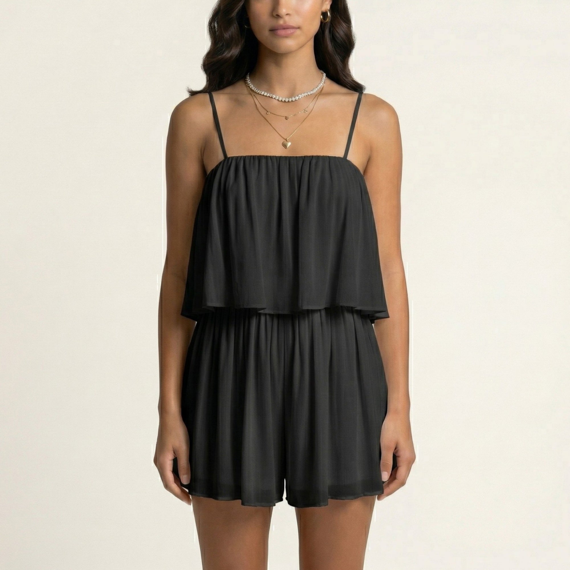 Anna-Kaci Sleeveless Layered Chiffon Romper with Spaghetti Straps Flowy Ruffle Overlay Relaxed Fit