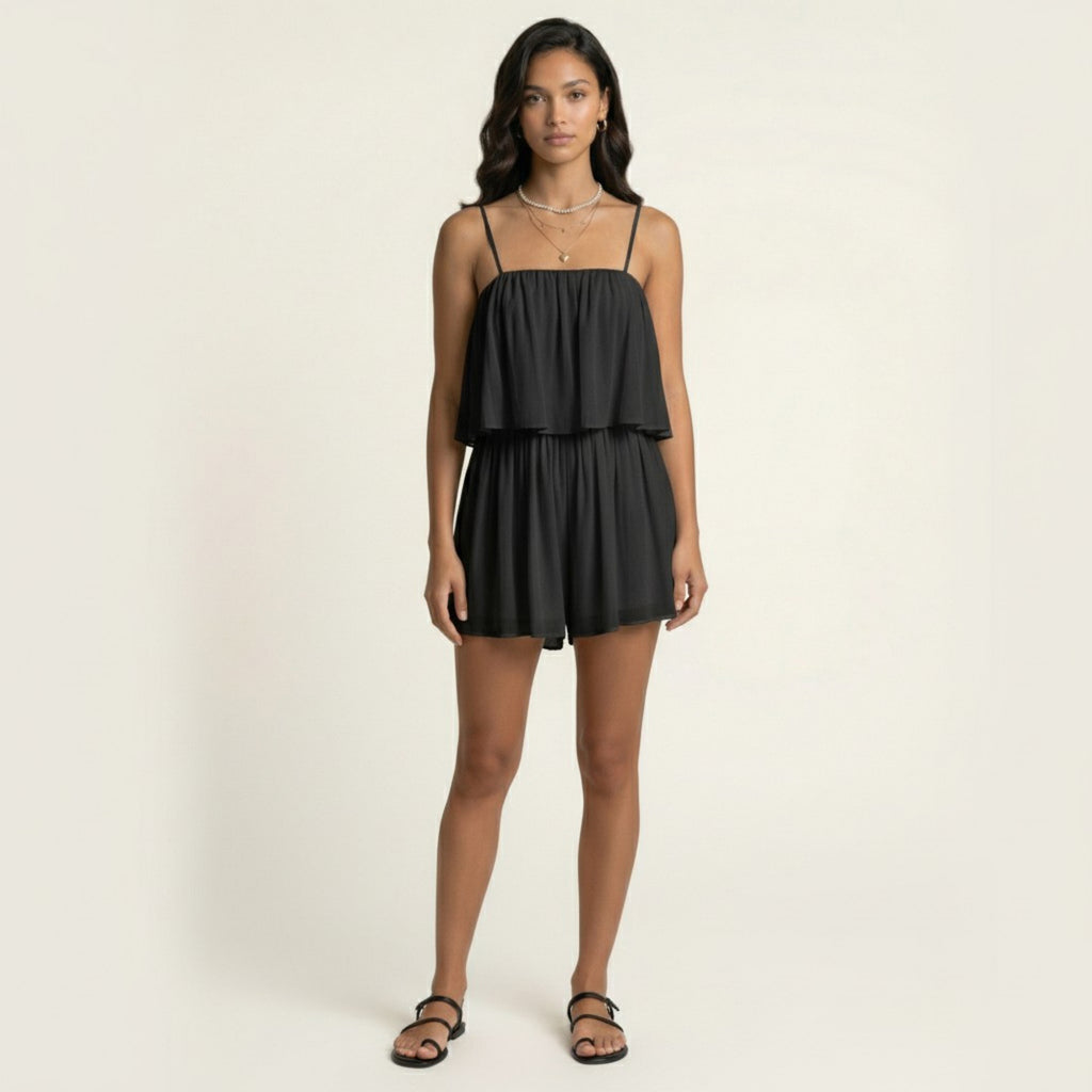 Anna-Kaci Sleeveless Layered Chiffon Romper with Spaghetti Straps Flowy Ruffle Overlay Relaxed Fit