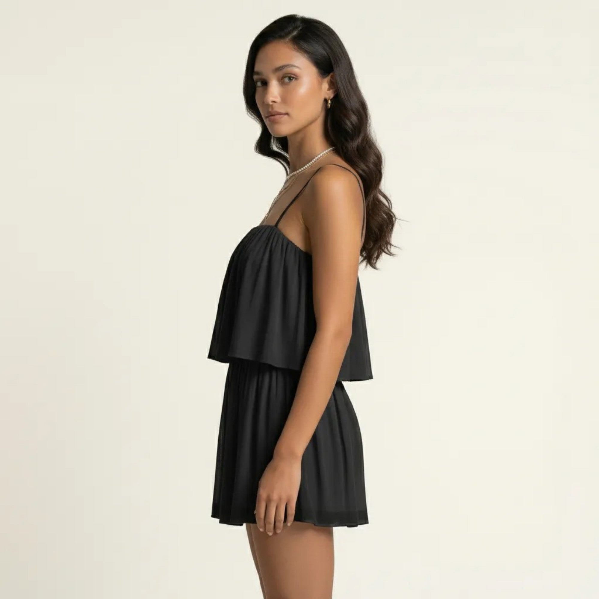 Anna-Kaci Sleeveless Layered Chiffon Romper with Spaghetti Straps Flowy Ruffle Overlay Relaxed Fit