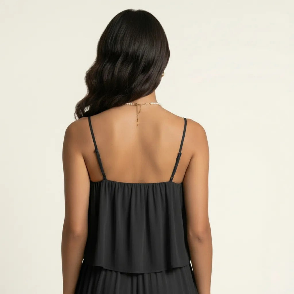 Anna-Kaci Sleeveless Layered Chiffon Romper with Spaghetti Straps Flowy Ruffle Overlay Relaxed Fit