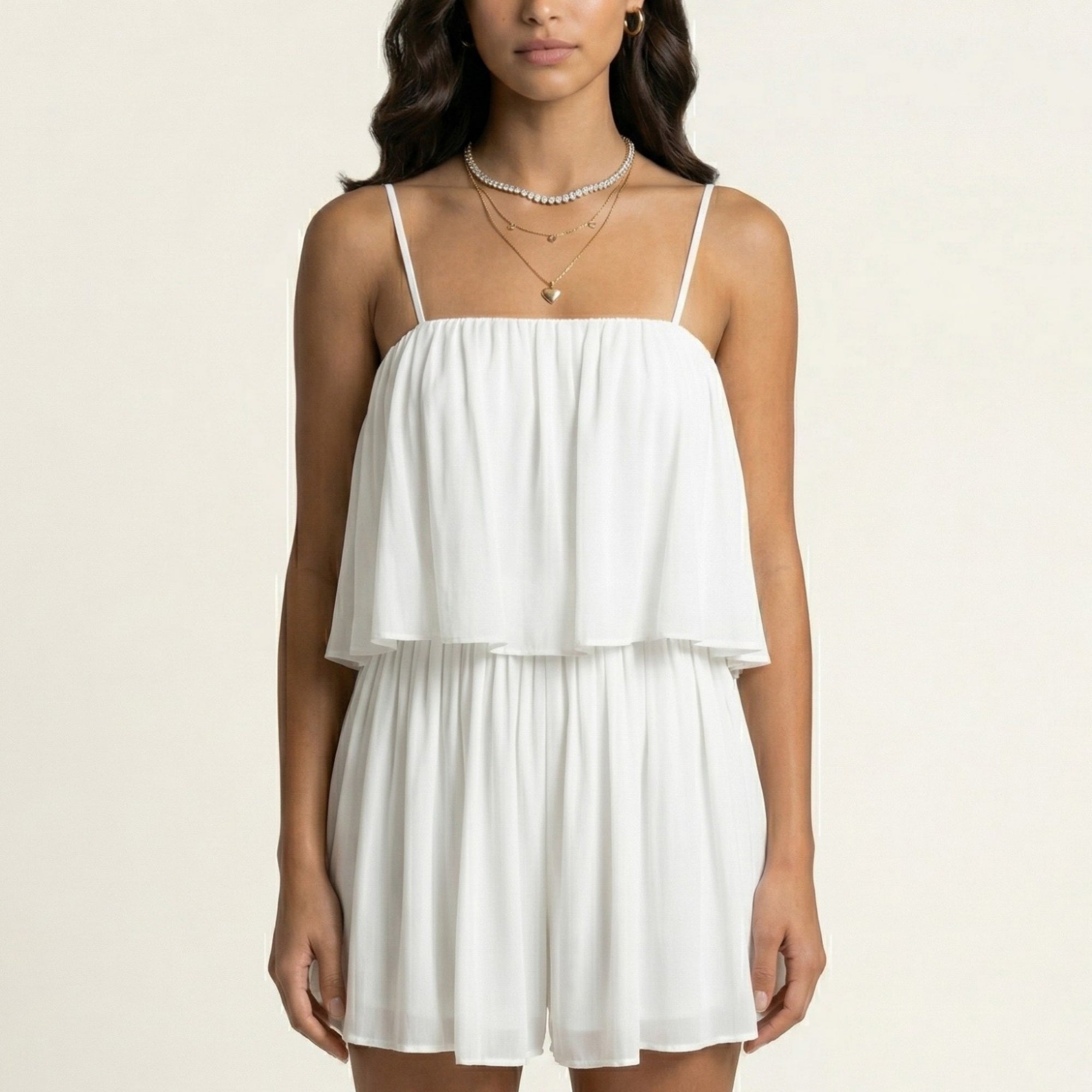 Anna-Kaci Sleeveless Layered Chiffon Romper with Spaghetti Straps Flowy Ruffle Overlay Relaxed Fit