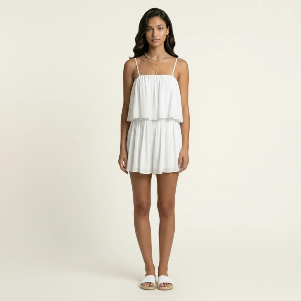 Anna-Kaci Sleeveless Layered Chiffon Romper with Spaghetti Straps Flowy Ruffle Overlay Relaxed Fit