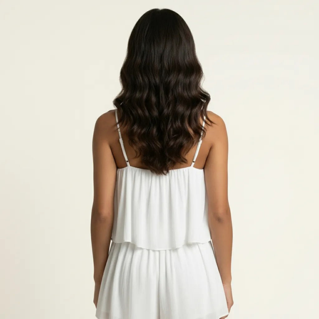 Anna-Kaci Sleeveless Layered Chiffon Romper with Spaghetti Straps Flowy Ruffle Overlay Relaxed Fit