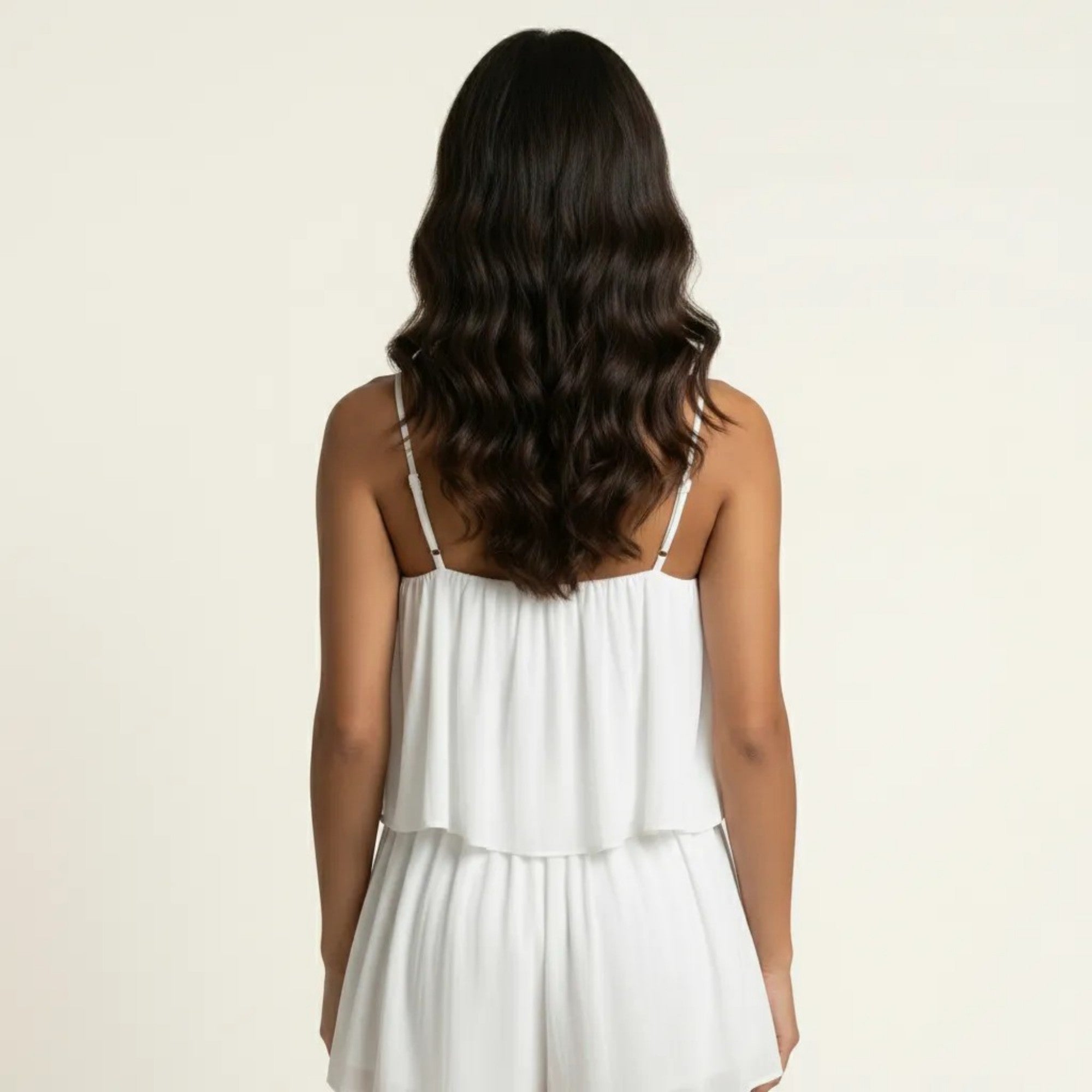 Anna-Kaci Sleeveless Layered Chiffon Romper with Spaghetti Straps Flowy Ruffle Overlay Relaxed Fit