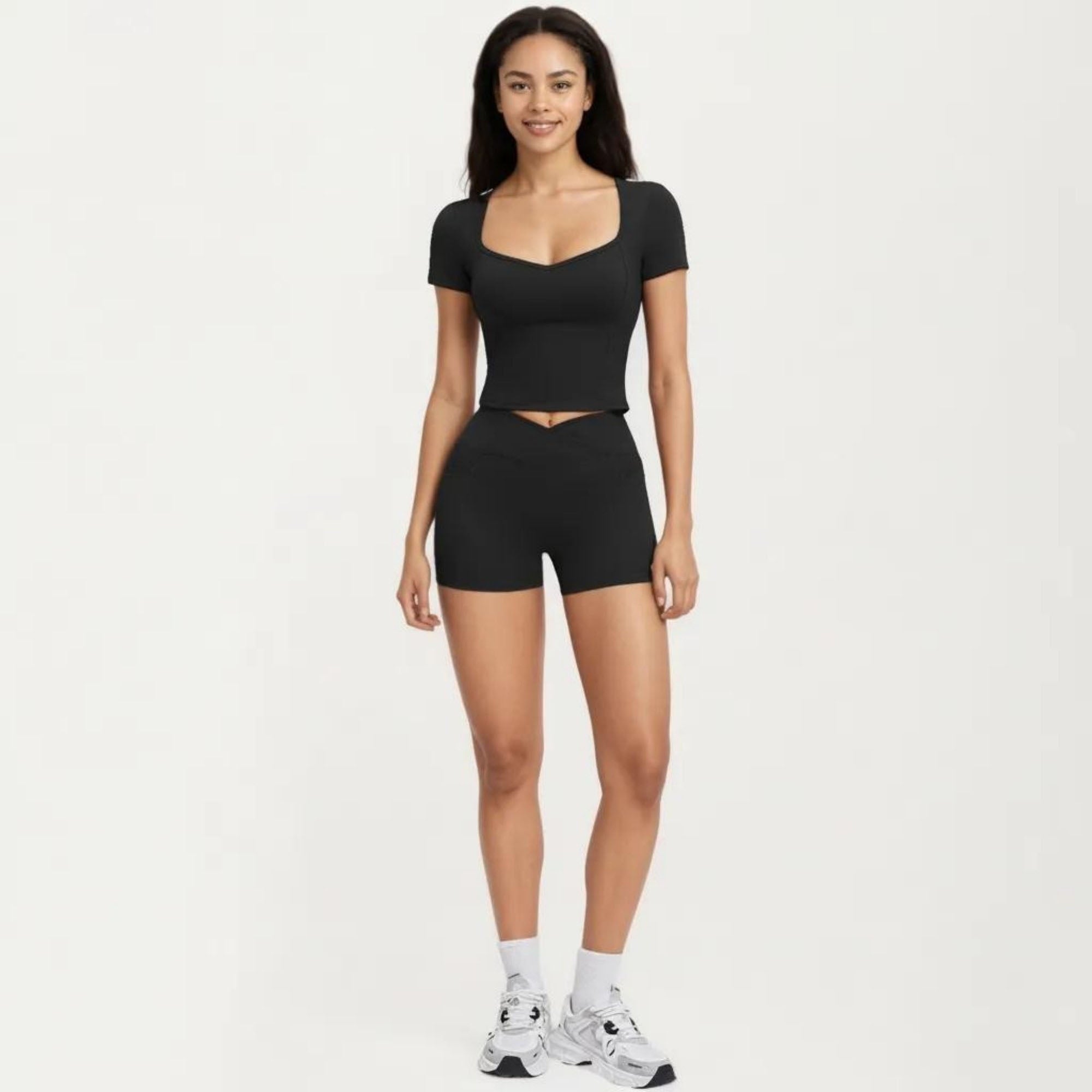 Anna-Kaci Women's Ribbed Square Neck Fitted Crop Workout Top Stretch Athletic Training Shirt for Yoga Fitness