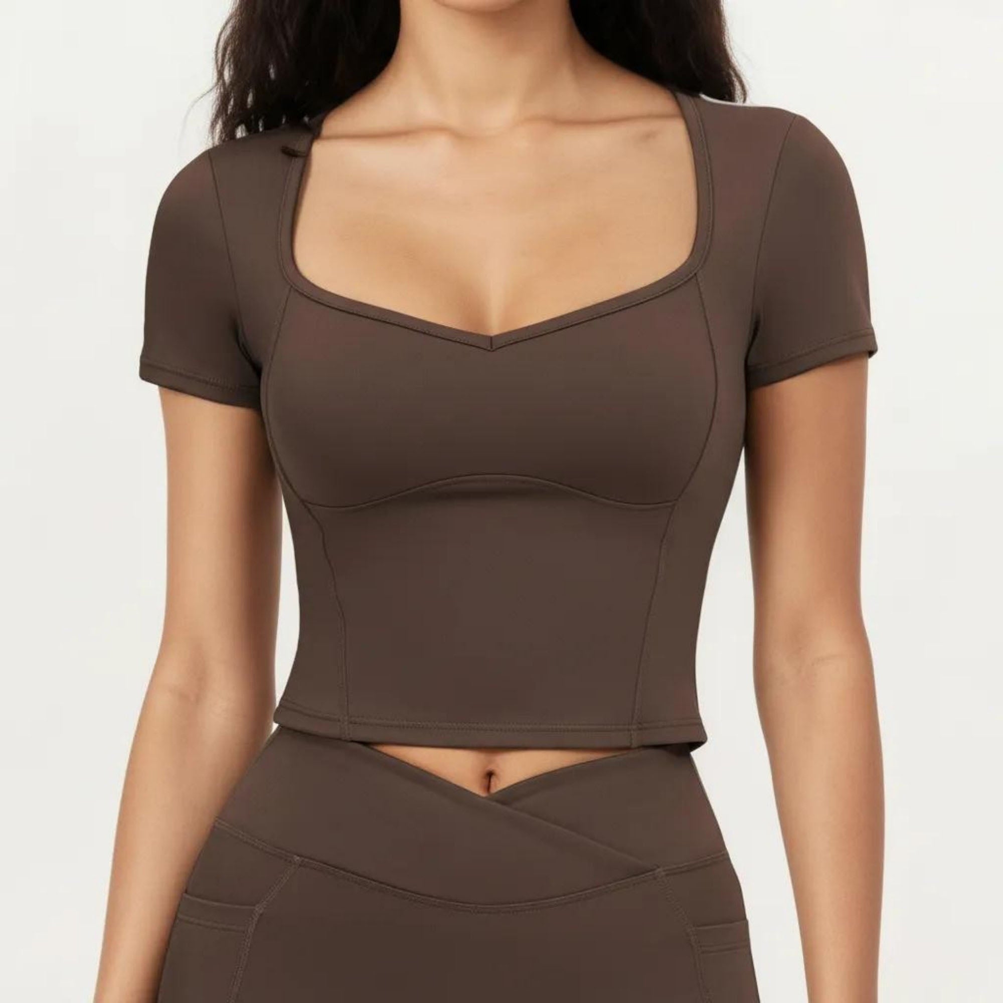 Anna-Kaci Women's Ribbed Square Neck Fitted Crop Workout Top Stretch Athletic Training Shirt for Yoga Fitness