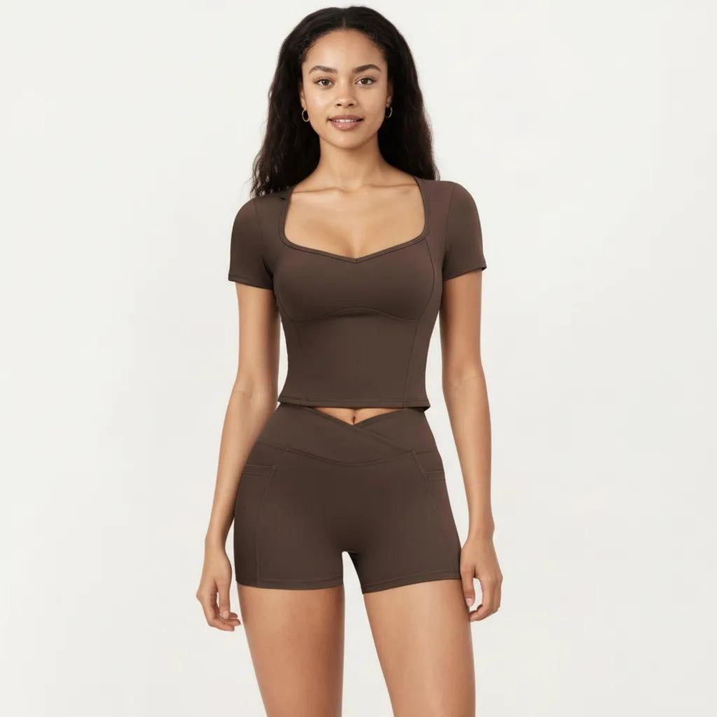 Anna-Kaci Women's Ribbed Square Neck Fitted Crop Workout Top Stretch Athletic Training Shirt for Yoga Fitness