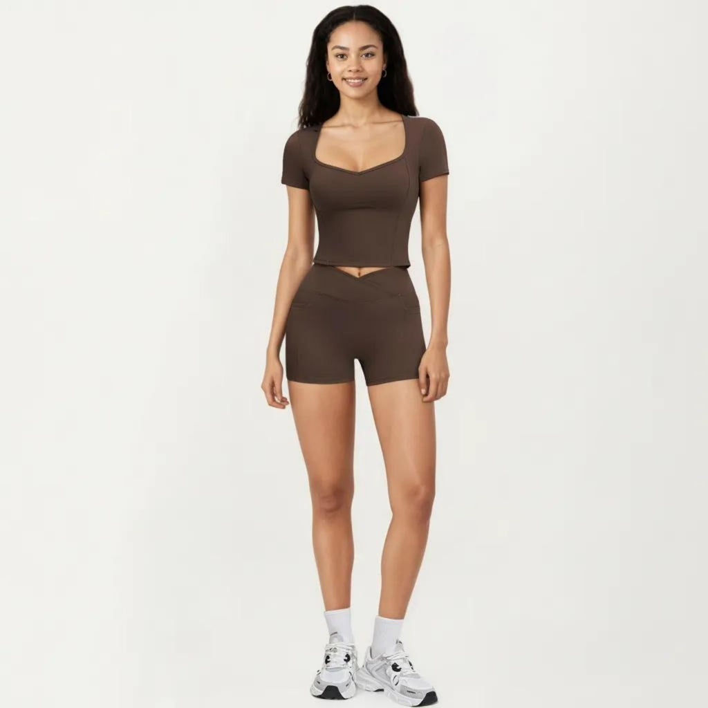Anna-Kaci Women's Ribbed Square Neck Fitted Crop Workout Top Stretch Athletic Training Shirt for Yoga Fitness