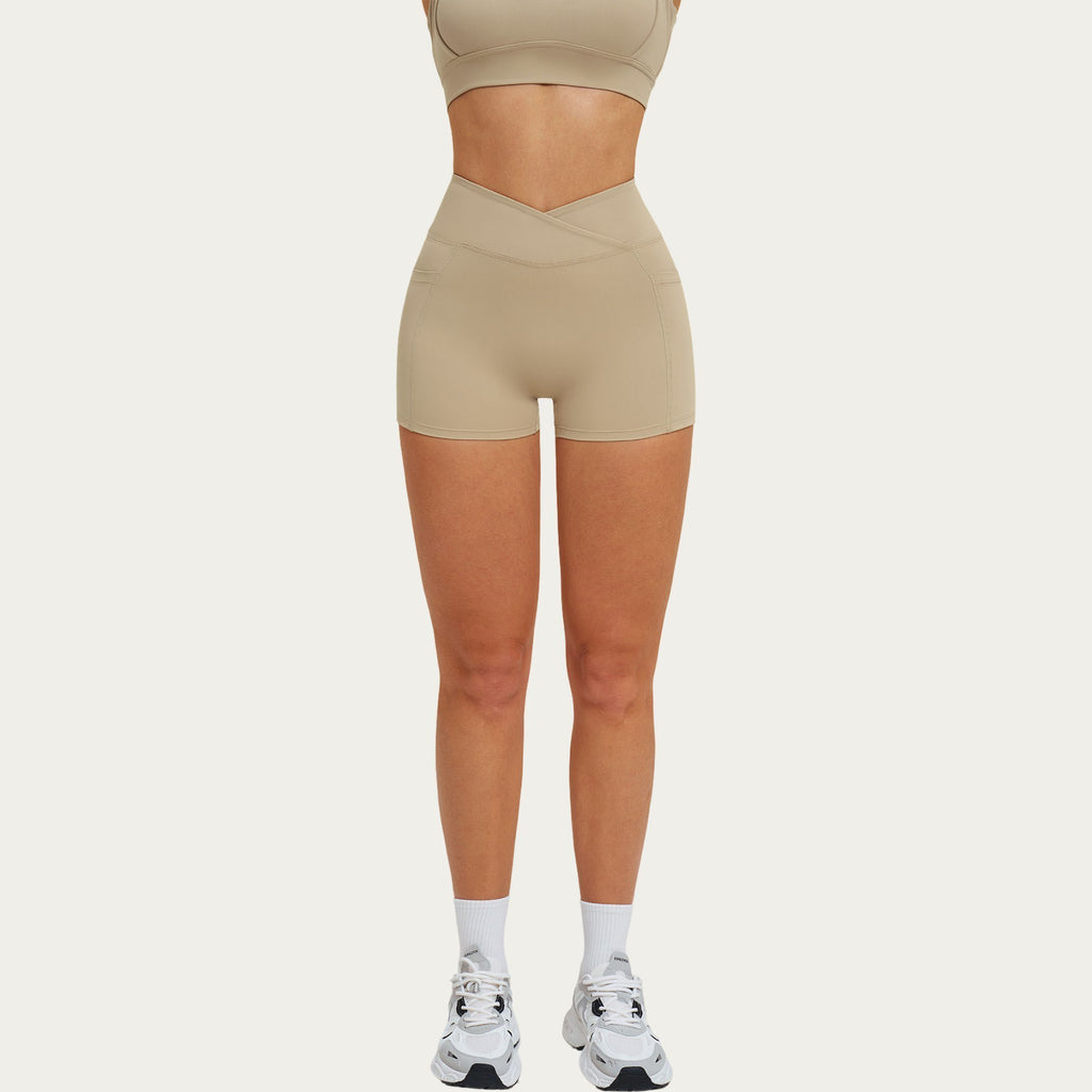 Anna-Kaci Women's High Waist Crossover Athletic Biker Shorts Stretch Workout Yoga Shorts with Side Pocket