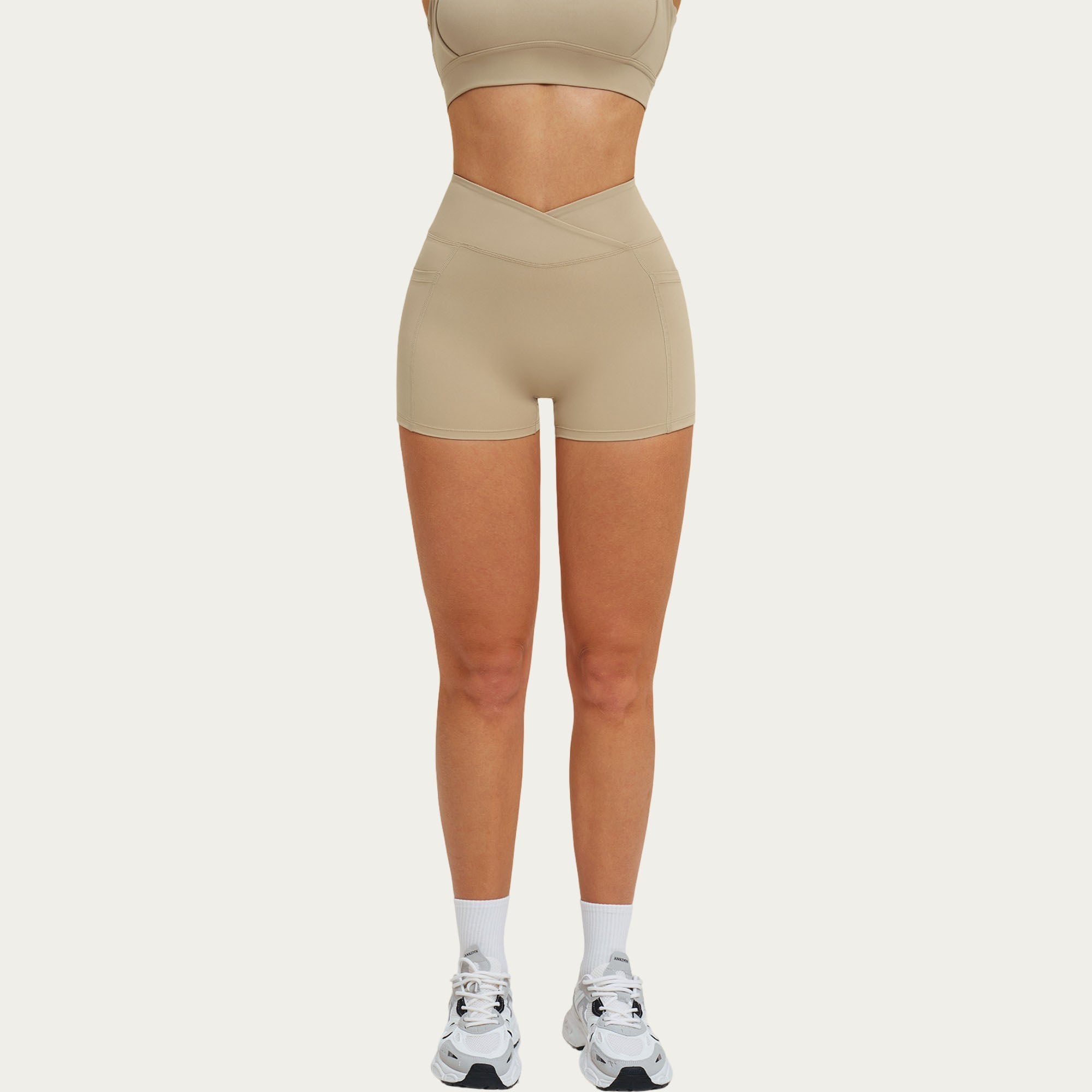Anna-Kaci Women's High Waist Crossover Athletic Biker Shorts Stretch Workout Yoga Shorts with Side Pocket