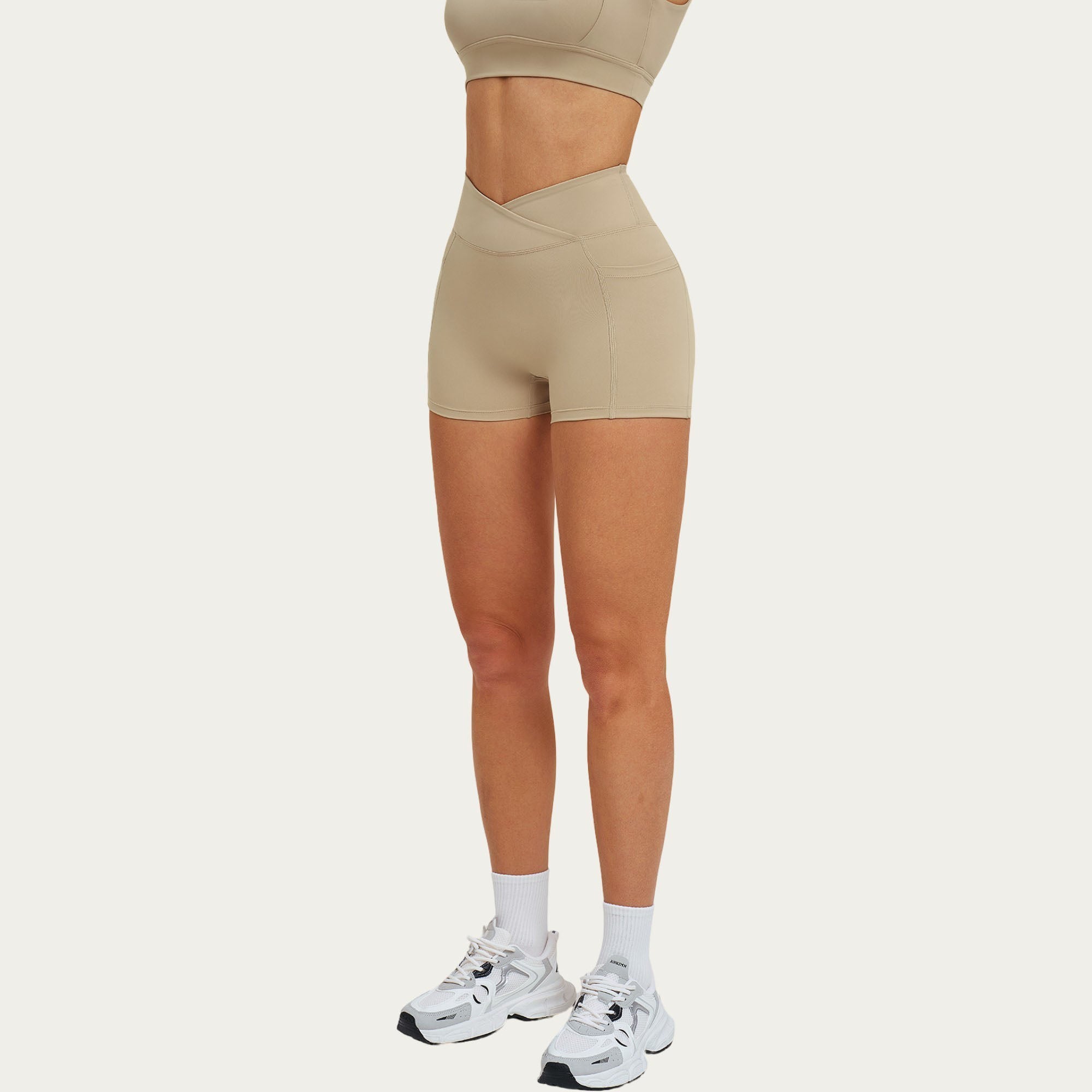 Anna-Kaci Women's High Waist Crossover Athletic Biker Shorts Stretch Workout Yoga Shorts with Side Pocket