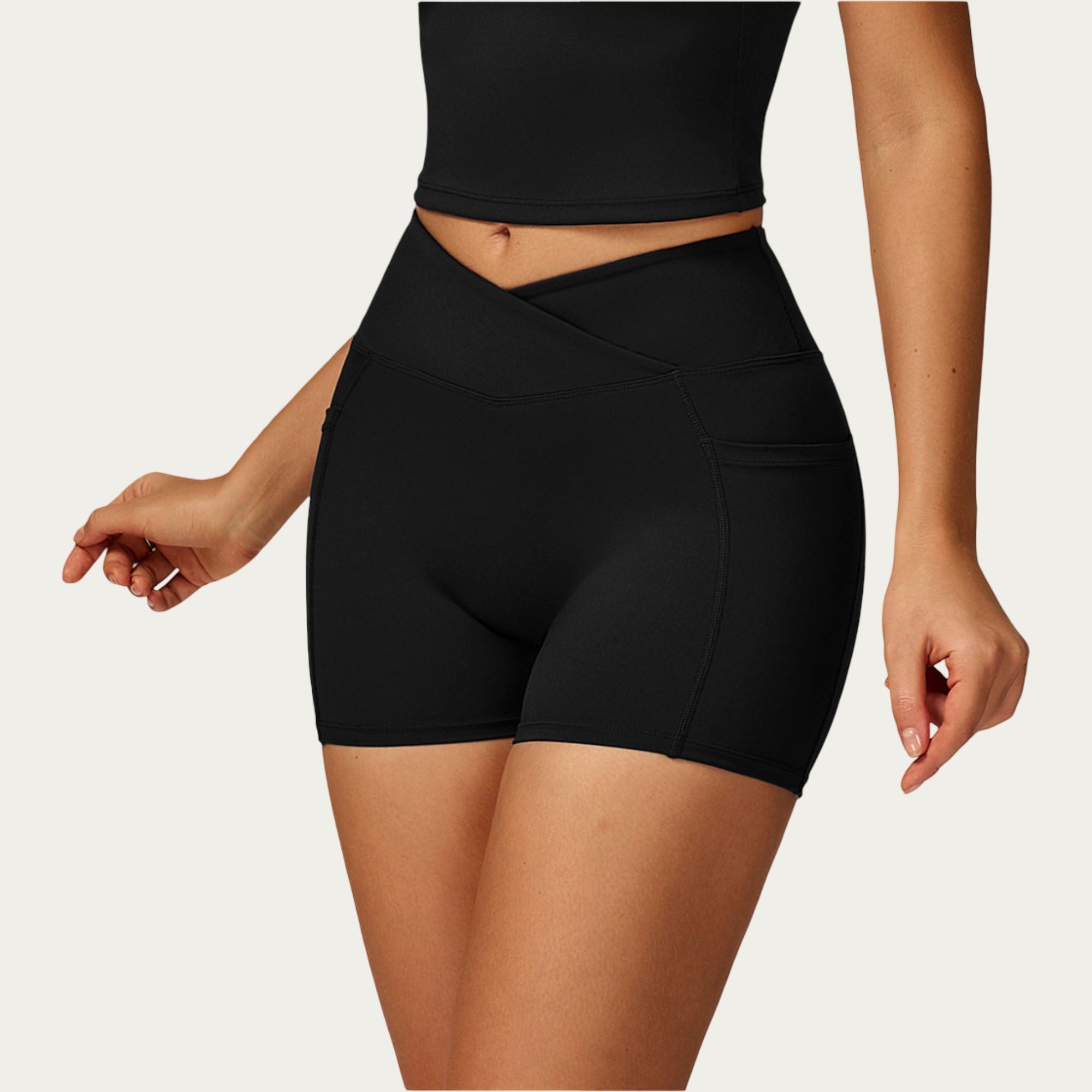 Anna-Kaci Women's High Waist Crossover Athletic Biker Shorts Stretch Workout Yoga Shorts with Side Pocket