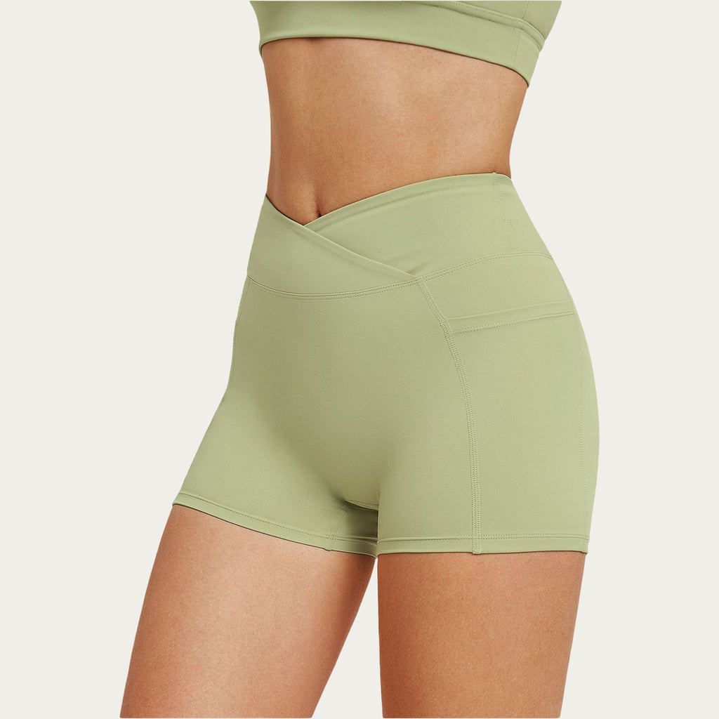 Anna-Kaci Women's High Waist Crossover Athletic Biker Shorts Stretch Workout Yoga Shorts with Side Pocket