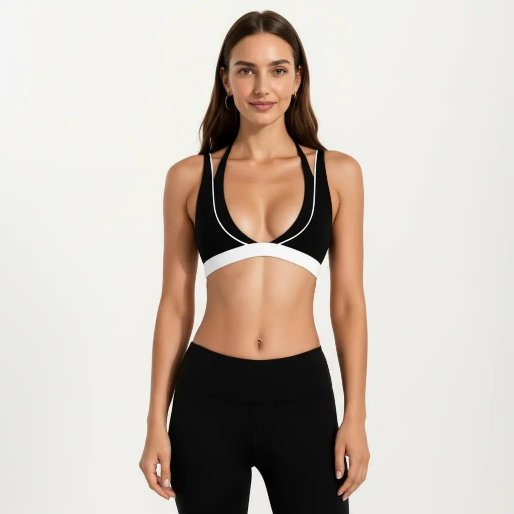 Anna-Kaci Women's Halter Sports Bra with Contrast Trim Stretch Support Athletic Workout Bra for Yoga Training