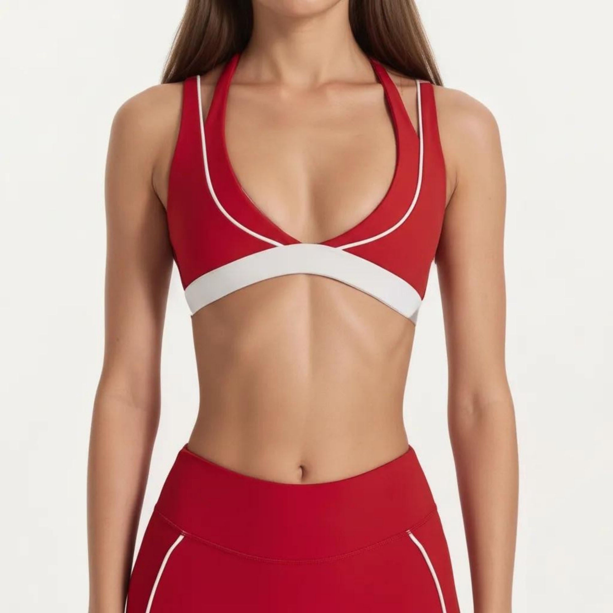 Anna-Kaci Women's Halter Sports Bra with Contrast Trim Stretch Support Athletic Workout Bra for Yoga Training