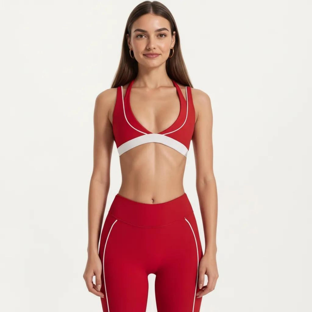 Anna-Kaci Women's Halter Sports Bra with Contrast Trim Stretch Support Athletic Workout Bra for Yoga Training