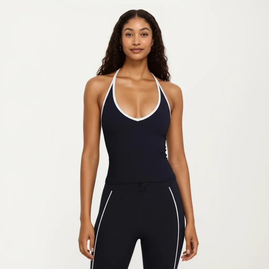 Anna-Kaci Women's Halter Active Crop Top with Built In Support Ribbed Workout Tank for Yoga Fitness Training