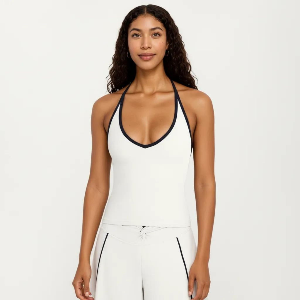 Anna-Kaci Women's Halter Active Crop Top with Built In Support Ribbed Workout Tank for Yoga Fitness Training