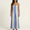 Anna-Kaci Strapless Striped Wide Leg Jumpsuit with Smocked Bodice Relaxed Fit Flowy One Piece