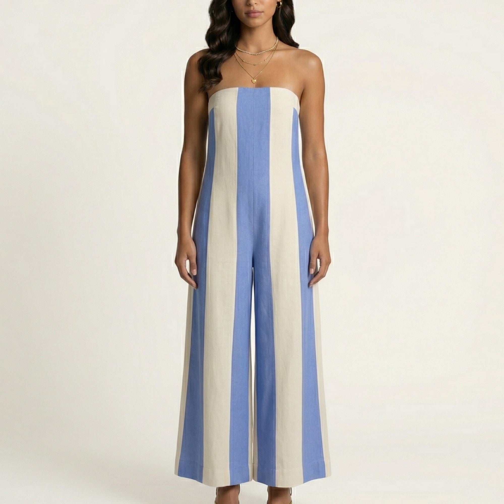 Anna-Kaci Strapless Striped Wide Leg Jumpsuit with Smocked Bodice Relaxed Fit Flowy One Piece