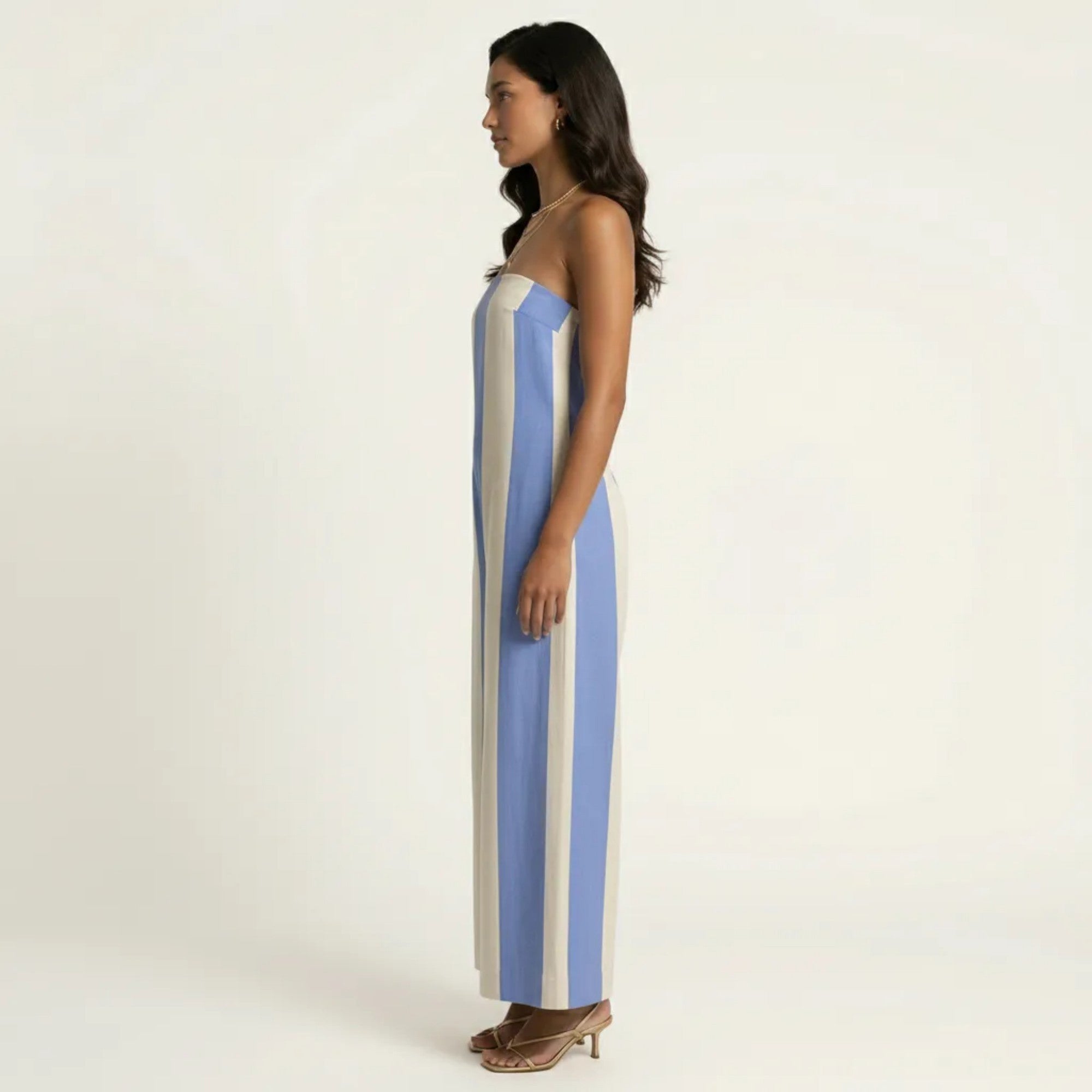 Anna-Kaci Strapless Striped Wide Leg Jumpsuit with Smocked Bodice Relaxed Fit Flowy One Piece