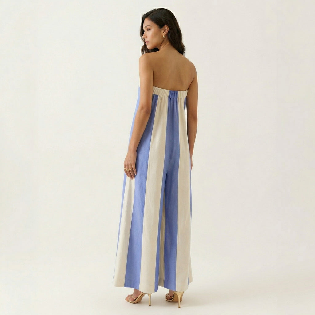 Anna-Kaci Strapless Striped Wide Leg Jumpsuit with Smocked Bodice Relaxed Fit Flowy One Piece
