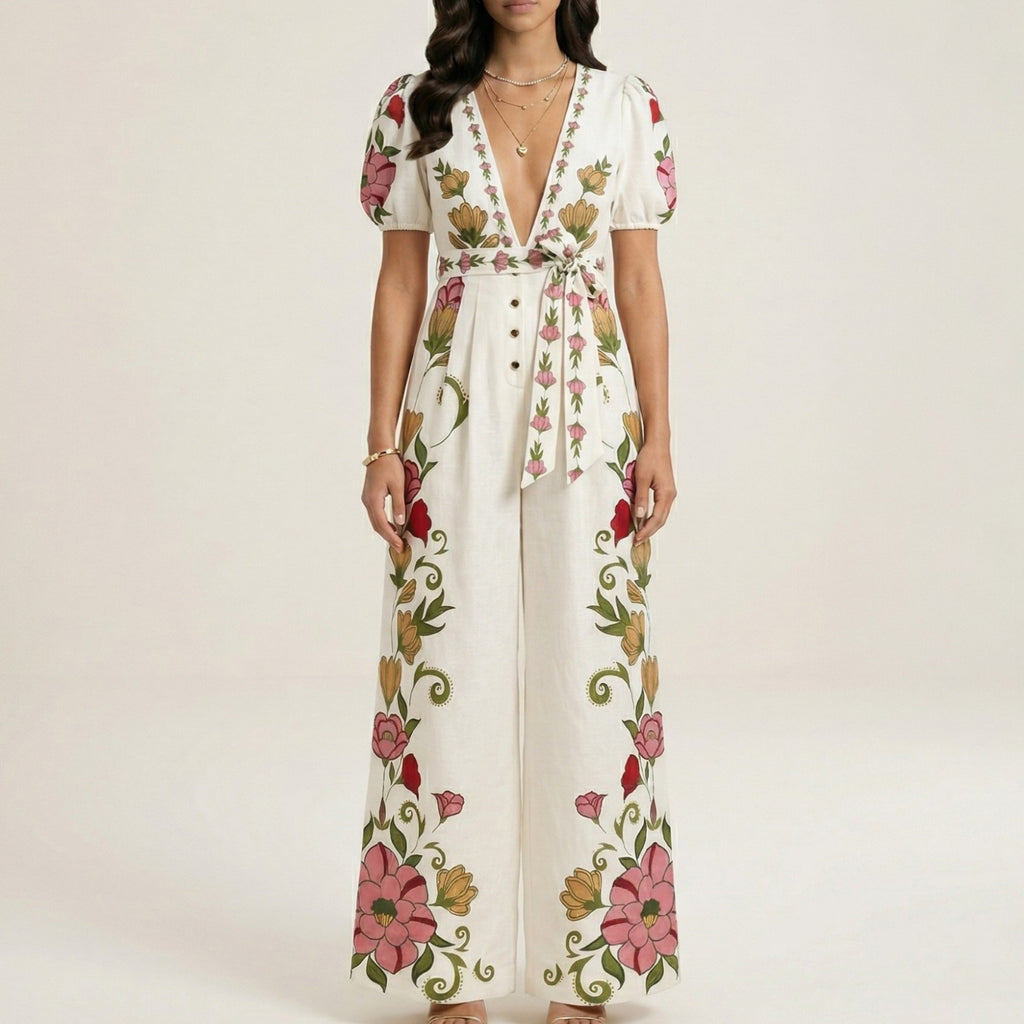 Anna-Kaci Short Sleeve Floral Wide Leg Jumpsuit with Deep V Neck Button Front Waist Tie Relaxed Fit