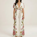 Anna-Kaci Short Sleeve Floral Wide Leg Jumpsuit with Deep V Neck Button Front Waist Tie Relaxed Fit