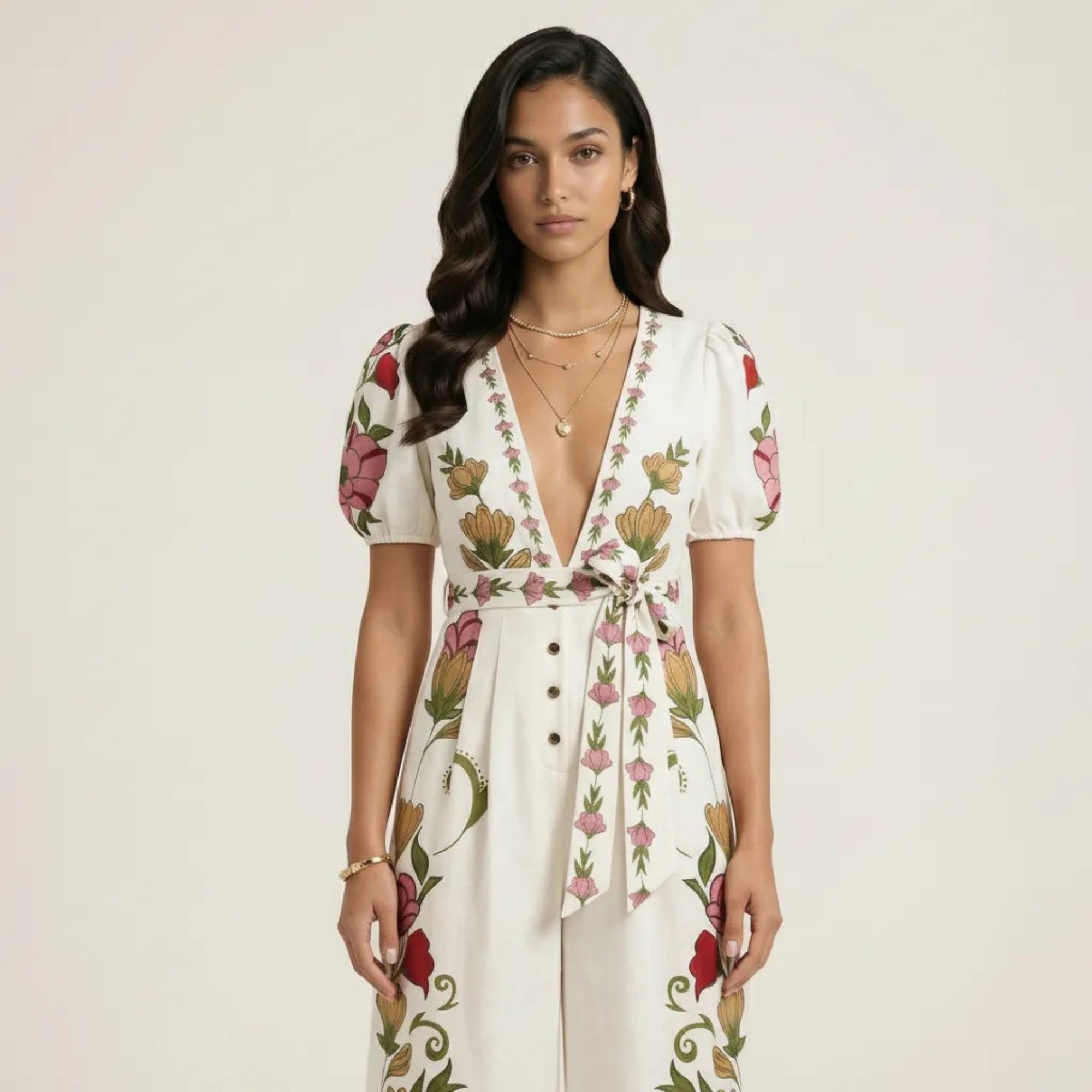 Anna-Kaci Short Sleeve Floral Wide Leg Jumpsuit with Deep V Neck Button Front Waist Tie Relaxed Fit