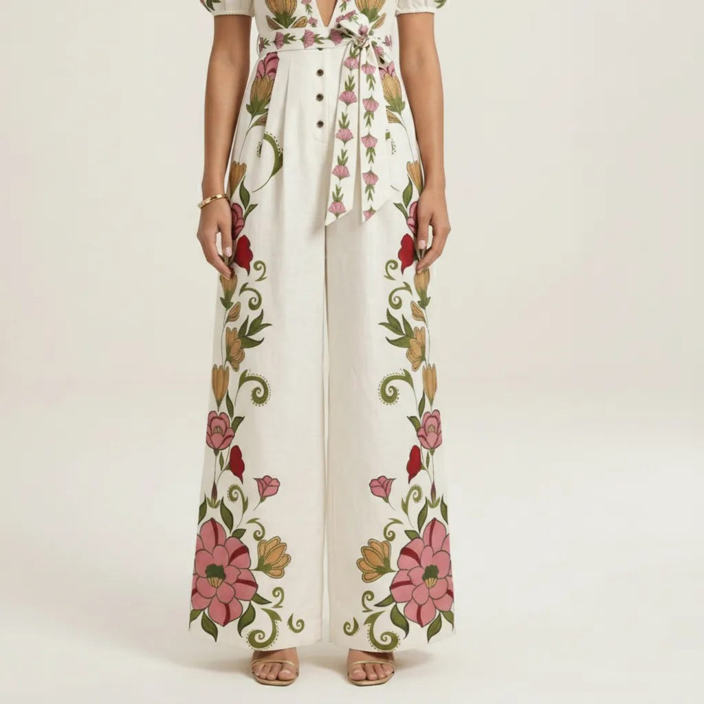 Anna-Kaci Short Sleeve Floral Wide Leg Jumpsuit with Deep V Neck Button Front Waist Tie Relaxed Fit