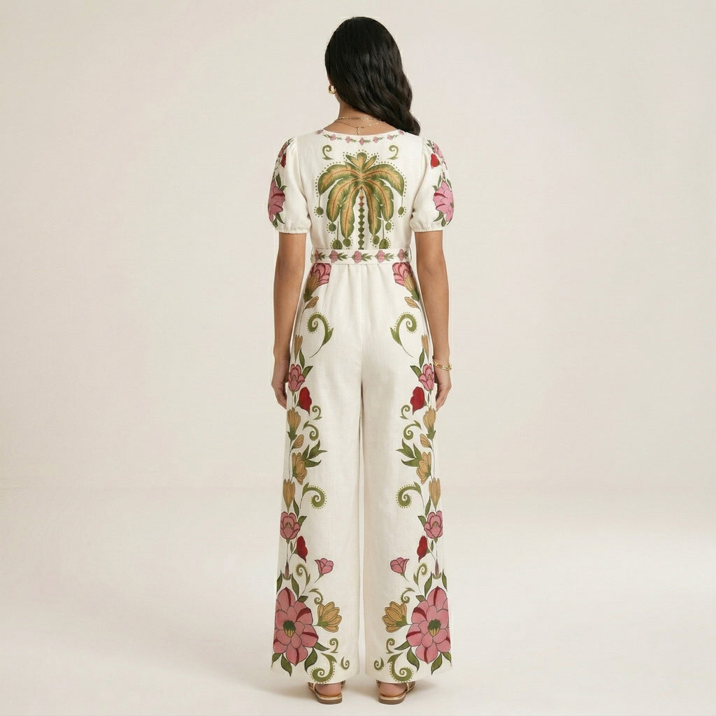 Anna-Kaci Short Sleeve Floral Wide Leg Jumpsuit with Deep V Neck Button Front Waist Tie Relaxed Fit