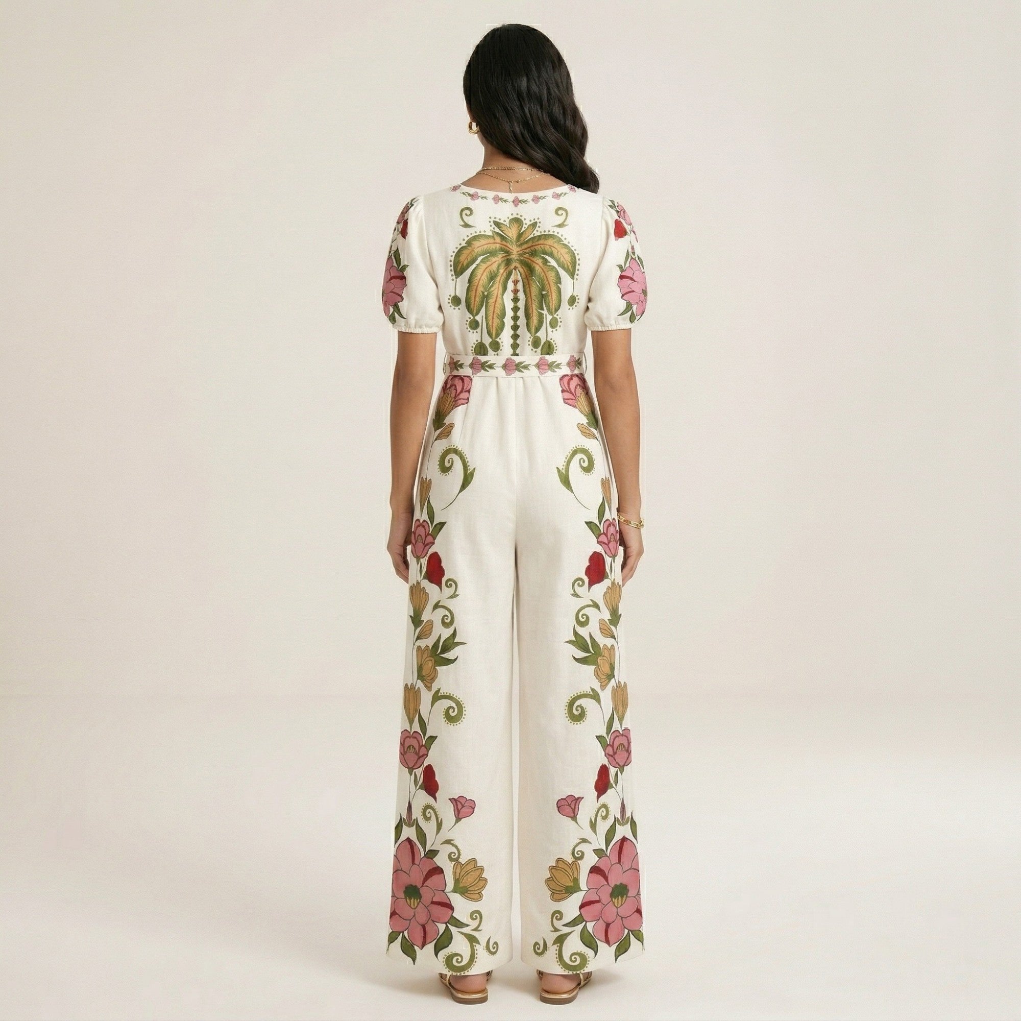 Anna-Kaci Short Sleeve Floral Wide Leg Jumpsuit with Deep V Neck Button Front Waist Tie Relaxed Fit