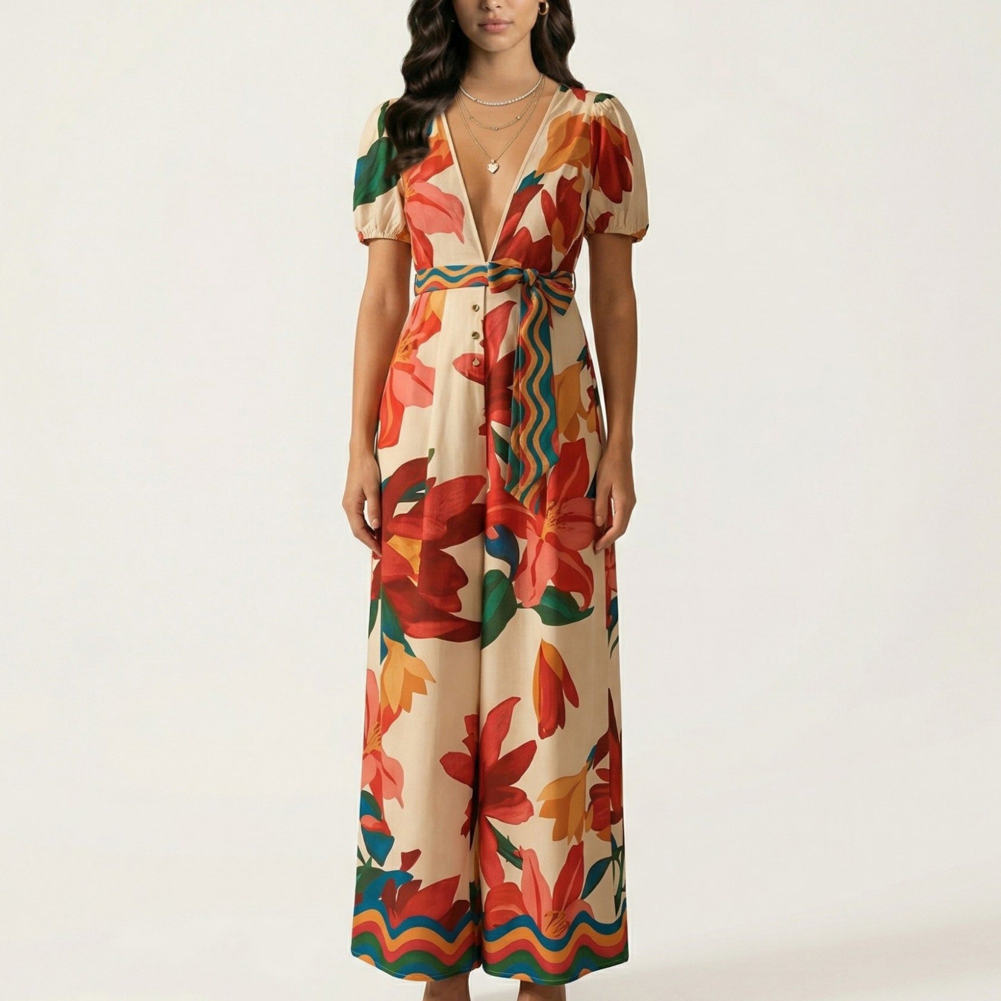 Anna-Kaci Short Sleeve Floral Wide Leg Jumpsuit with Deep V Neck Button Front Waist Tie Relaxed Fit