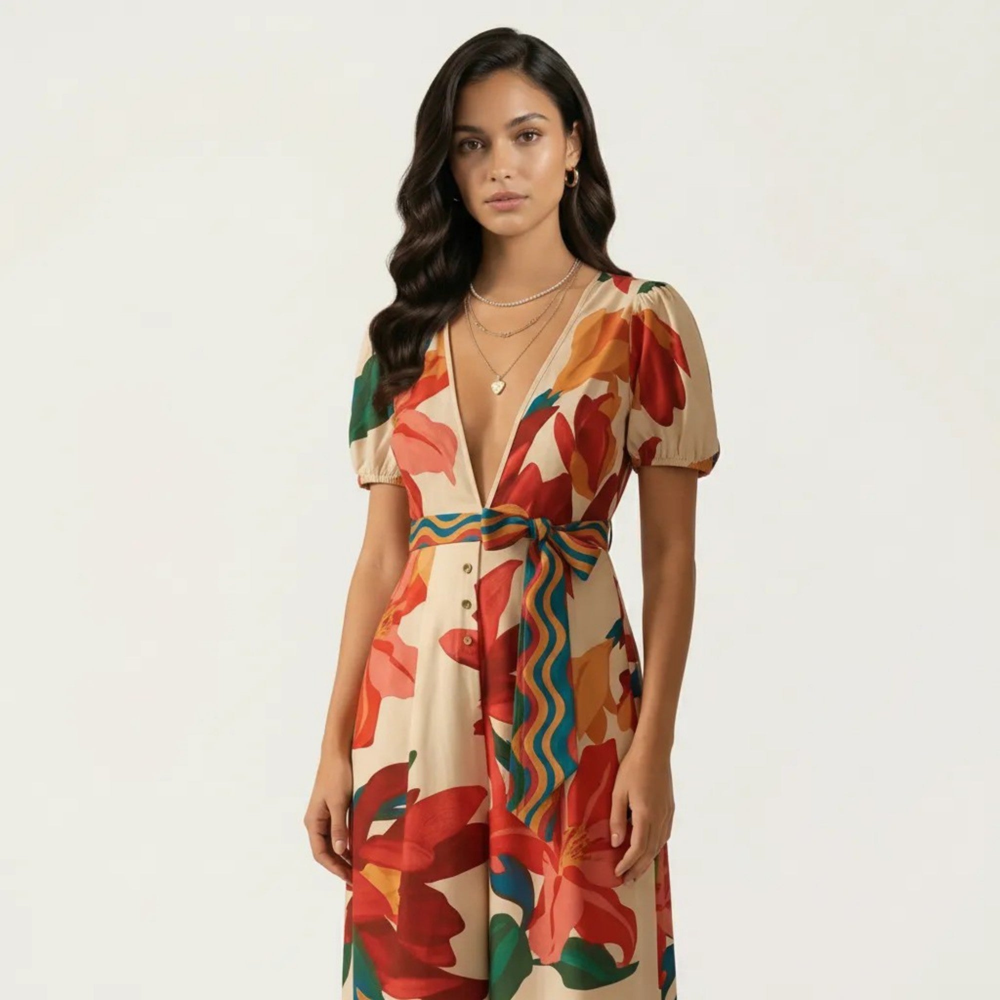 Anna-Kaci Short Sleeve Floral Wide Leg Jumpsuit with Deep V Neck Button Front Waist Tie Relaxed Fit