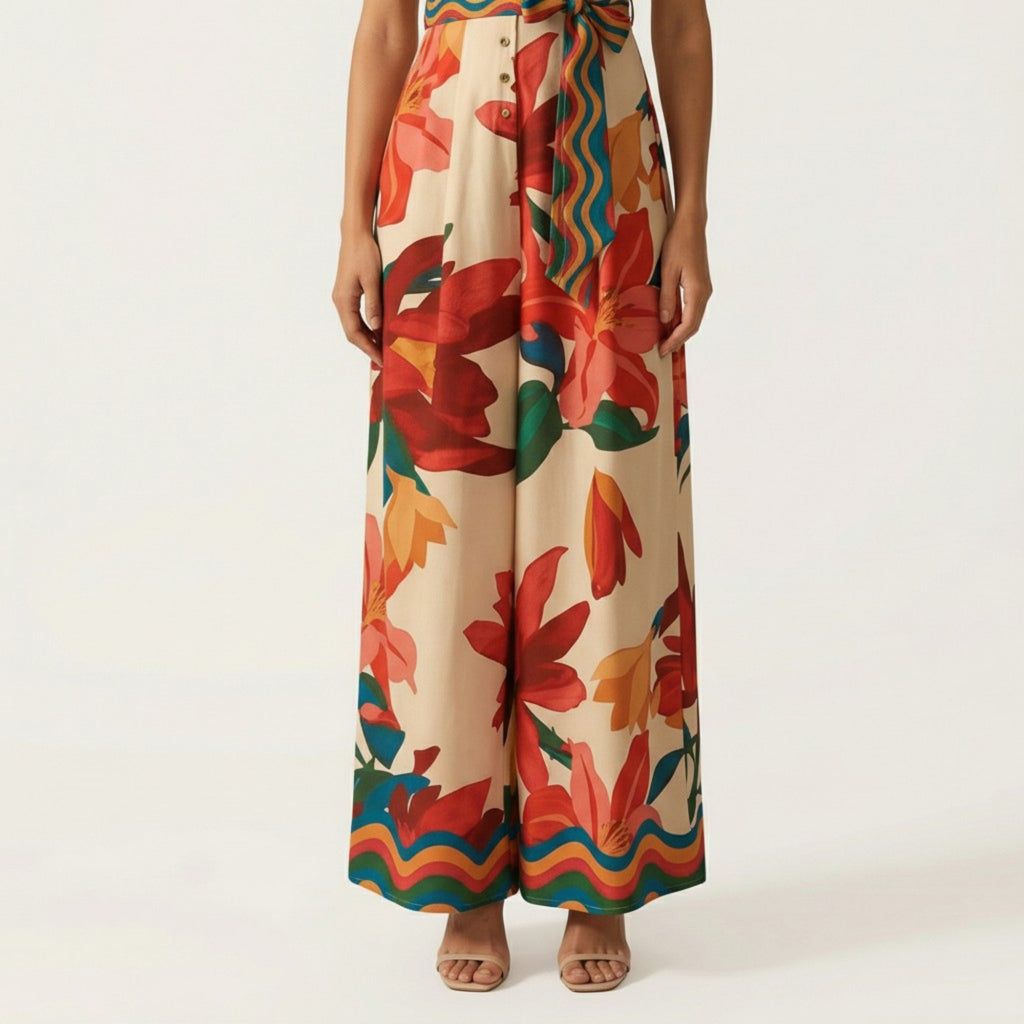 Anna-Kaci Short Sleeve Floral Wide Leg Jumpsuit with Deep V Neck Button Front Waist Tie Relaxed Fit